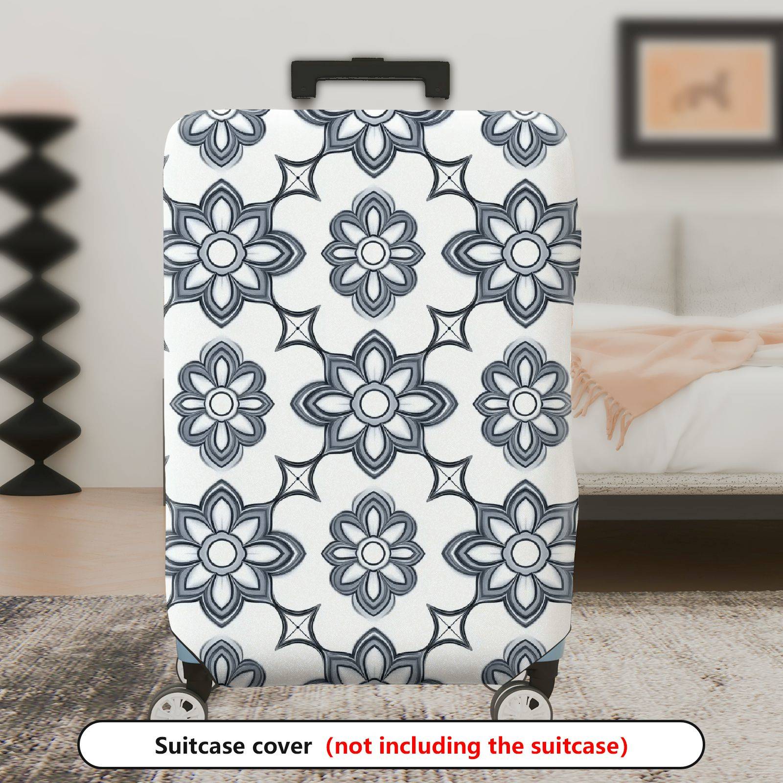 1-Piece Floral Pattern Geometric Black and White Elegant Artistic  Suitcase Luggage Cover, Stretch Protective Sleeve