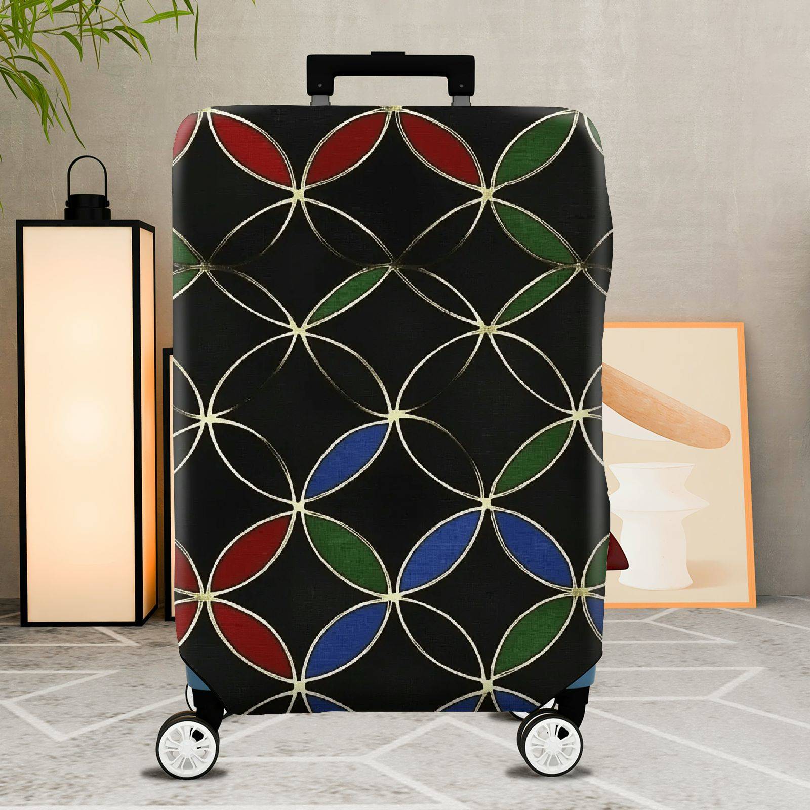 1-Piece Geometric Modern Chic Multicolor Artistic Black  Suitcase Luggage Cover, Stretch Protective Sleeve