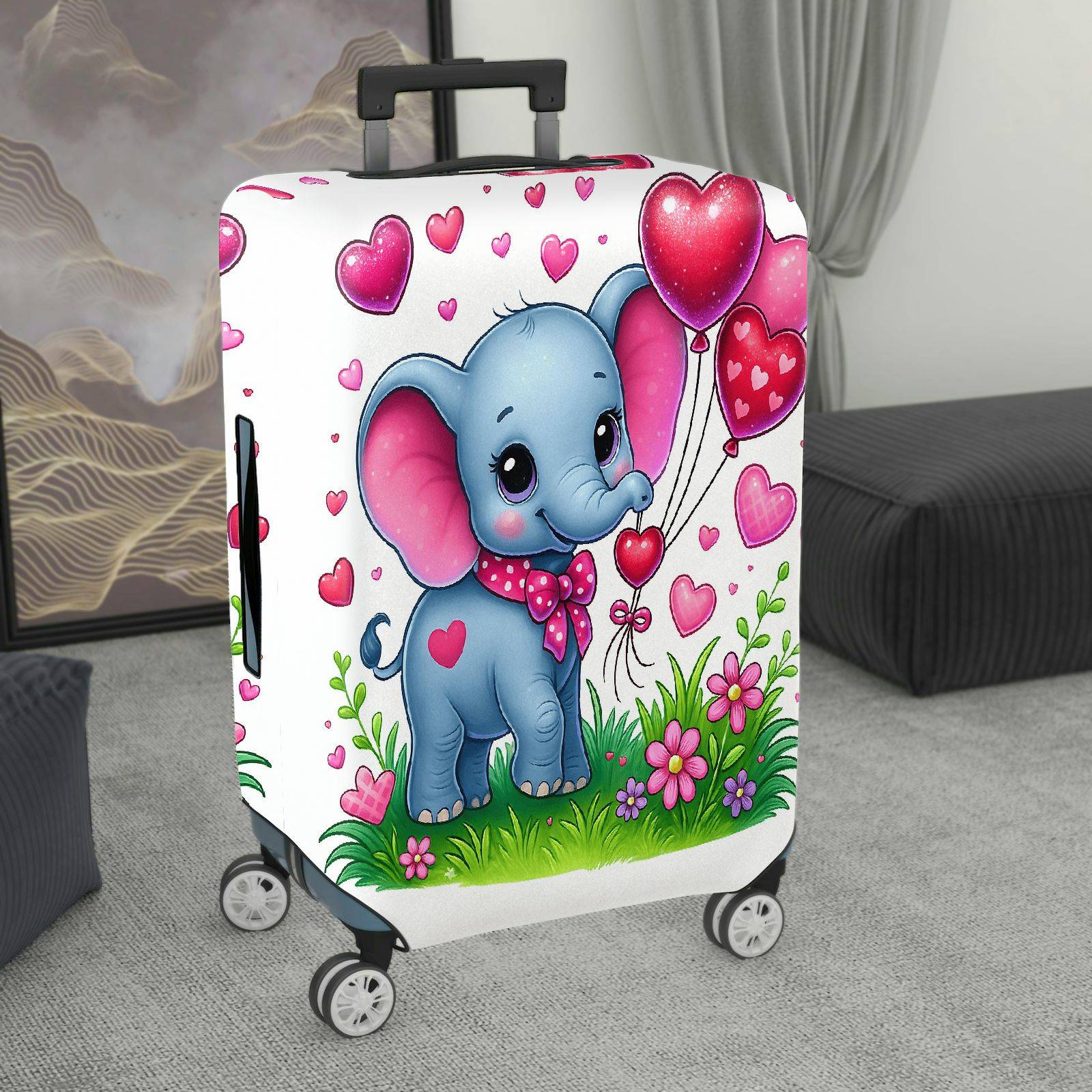 1-Piece Cute Elephant Heart Flower Balloon Valentine  Suitcase Luggage Cover, Stretch Protective Sleeve