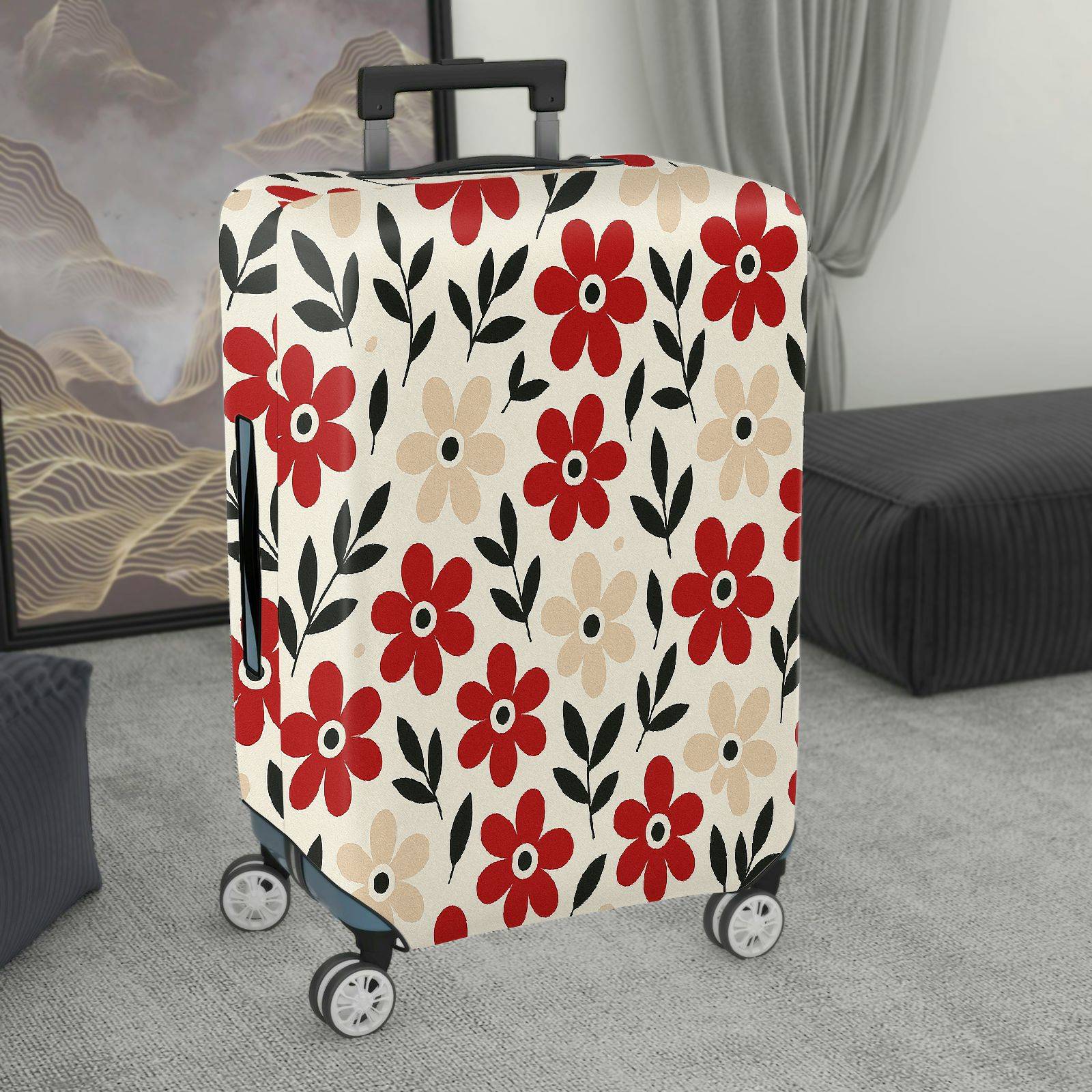 1-Piece Floral Plant Leaf Red Beige Black  Suitcase Luggage Cover, Stretch Protective Sleeve