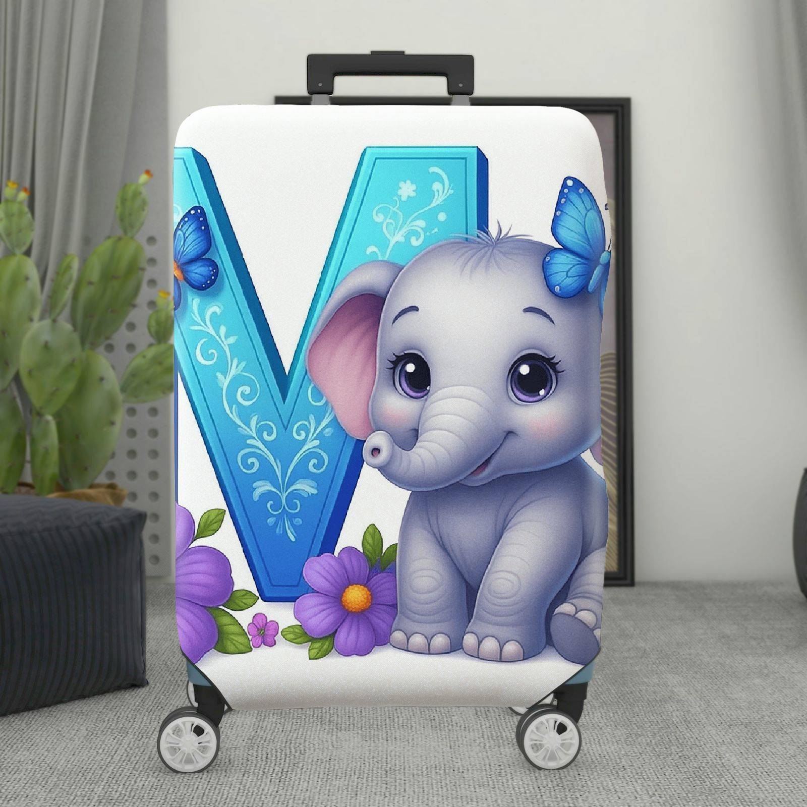 1-Piece Butterfly Floral Elephant Monogram Vibrant Letter  Suitcase Luggage Cover, Stretch Protective Sleeve