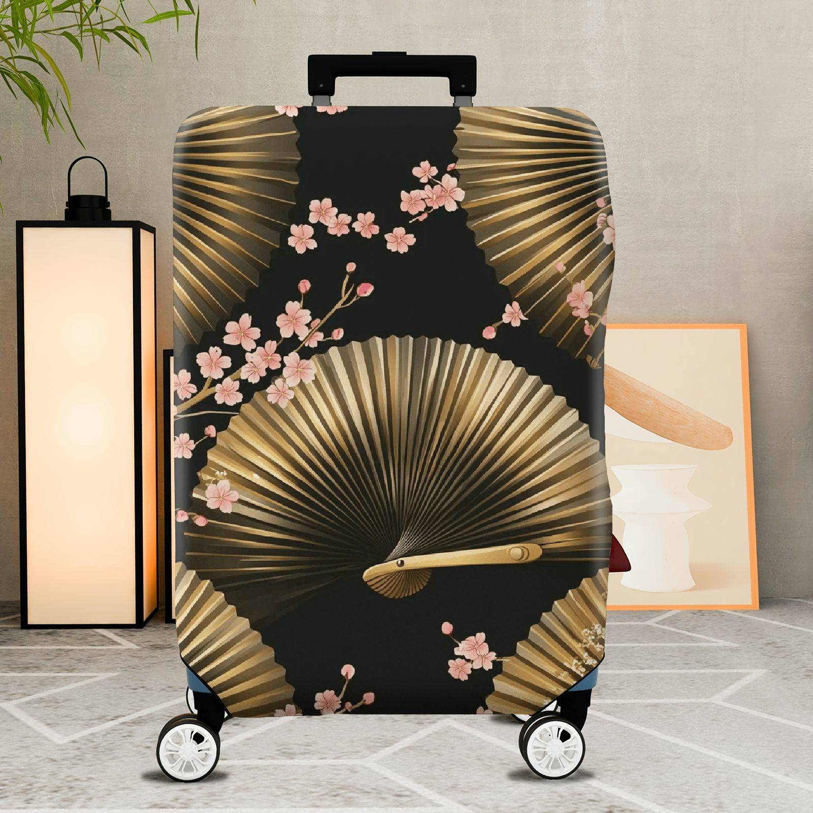 1-Piece Floral Gold Fan Geometric Black Cherry Blossom  Suitcase Luggage Cover, Stretch Protective Sleeve