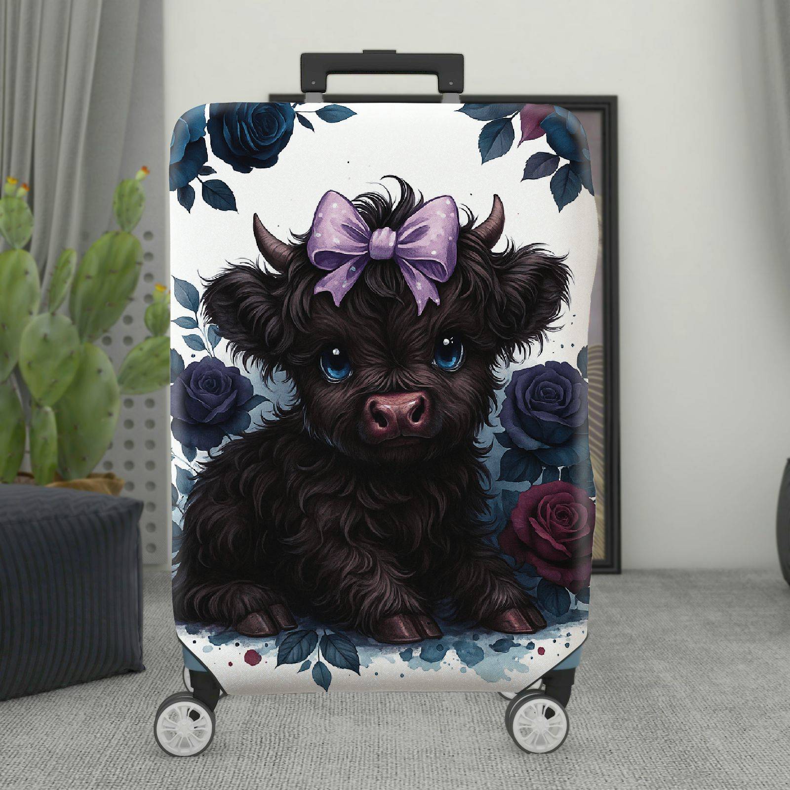 1-Piece Cute Black Highland Cow Floral Bow Travel  Suitcase Luggage Cover, Stretch Protective Sleeve