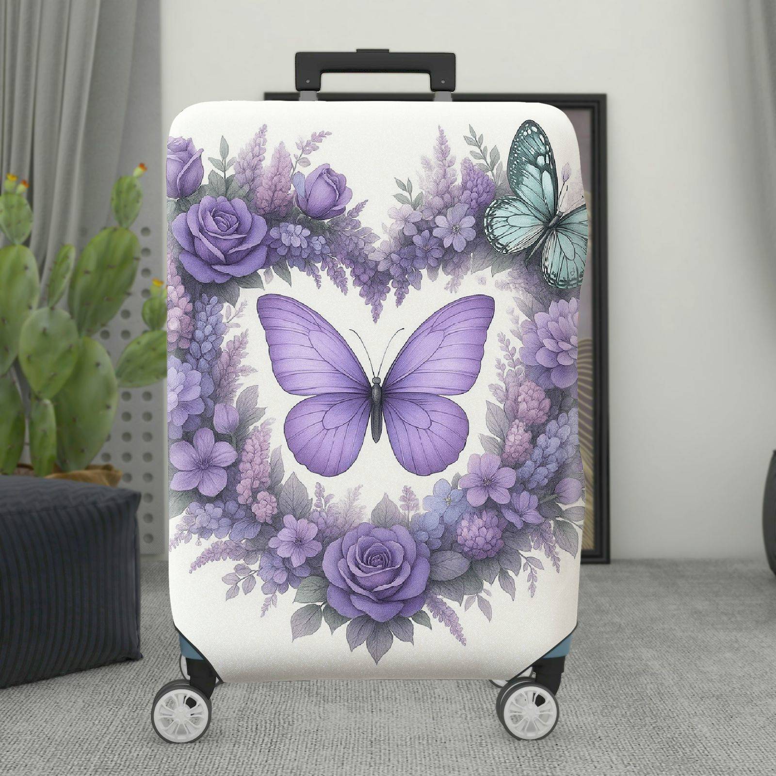 1-Piece Purple Butterfly Floral Rose Lavender Artistic  Suitcase Luggage Cover, Stretch Protective Sleeve