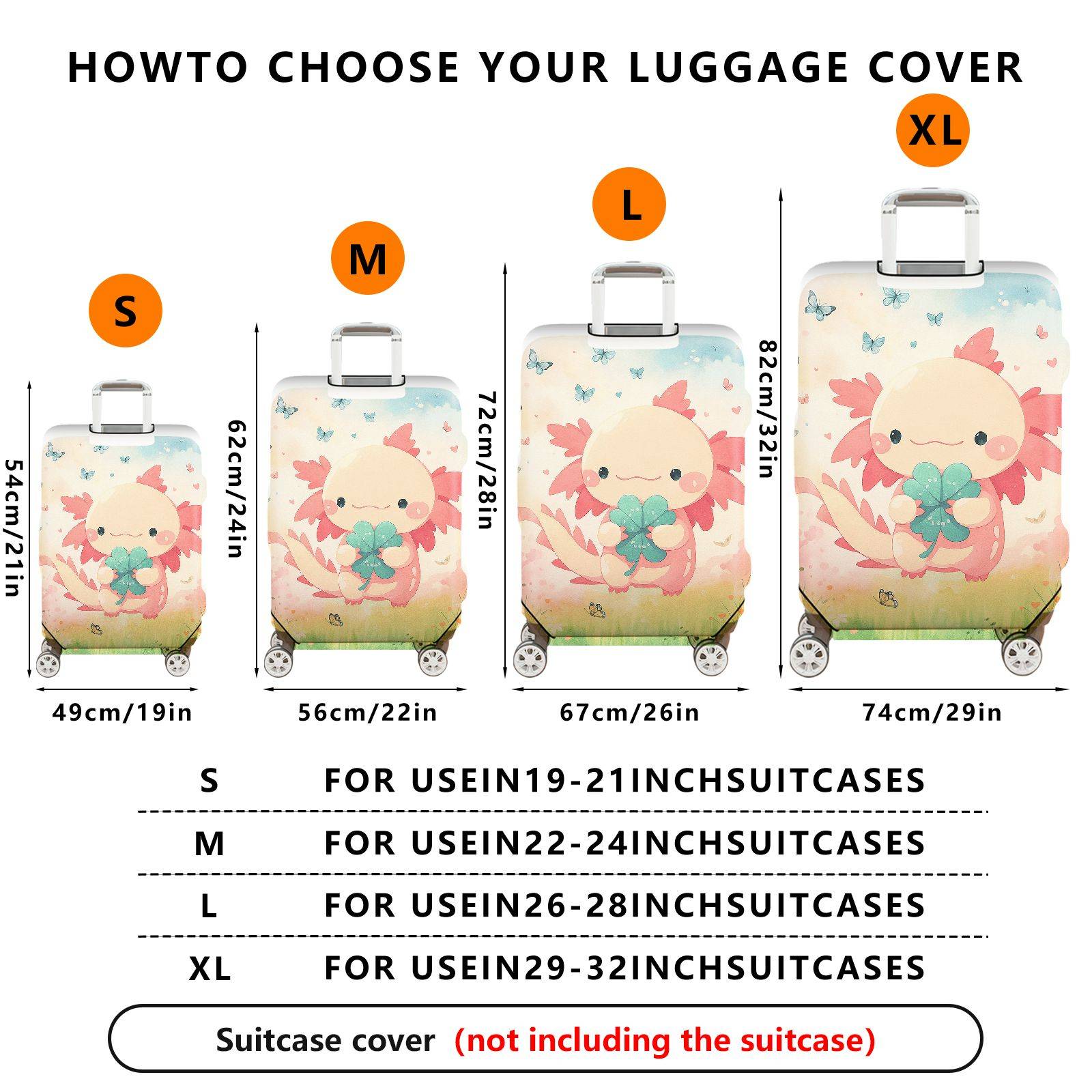 1-Piece Cute Axolotl Butterfly Floral Pink  Suitcase Luggage Cover, Stretch Protective Sleeve