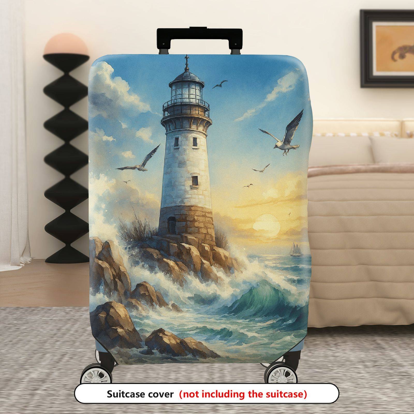 1-Piece Lighthouse Ocean Waves Seagulls Sunset Landscape  Suitcase Luggage Cover, Stretch Protective Sleeve