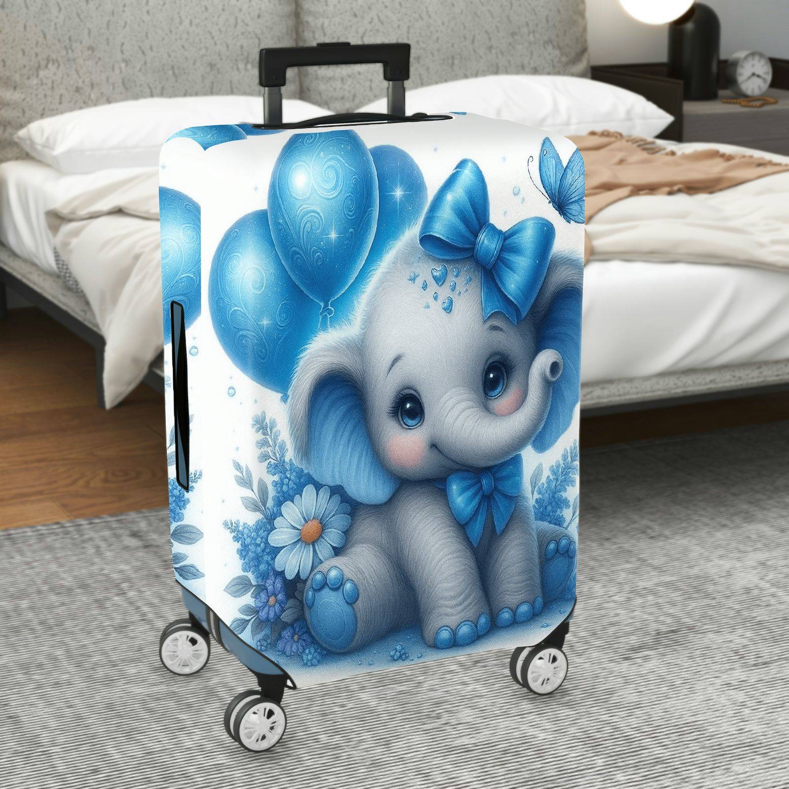 1-Piece Cute Blue Elephant Balloon Floral Bow Butterfly  Suitcase Luggage Cover, Stretch Protective Sleeve