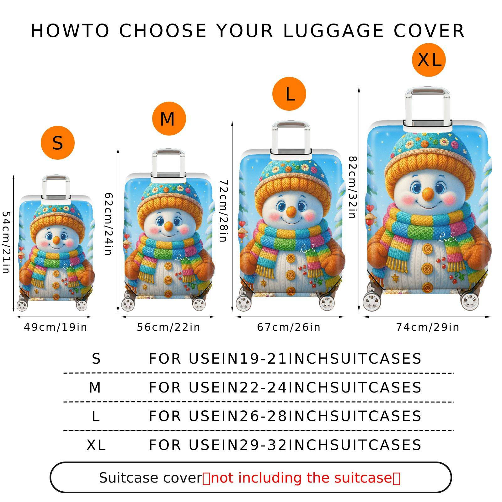 1-Piece Snowman Winter Holiday Colorful Cute Fun  Suitcase Luggage Cover, Stretch Protective Sleeve