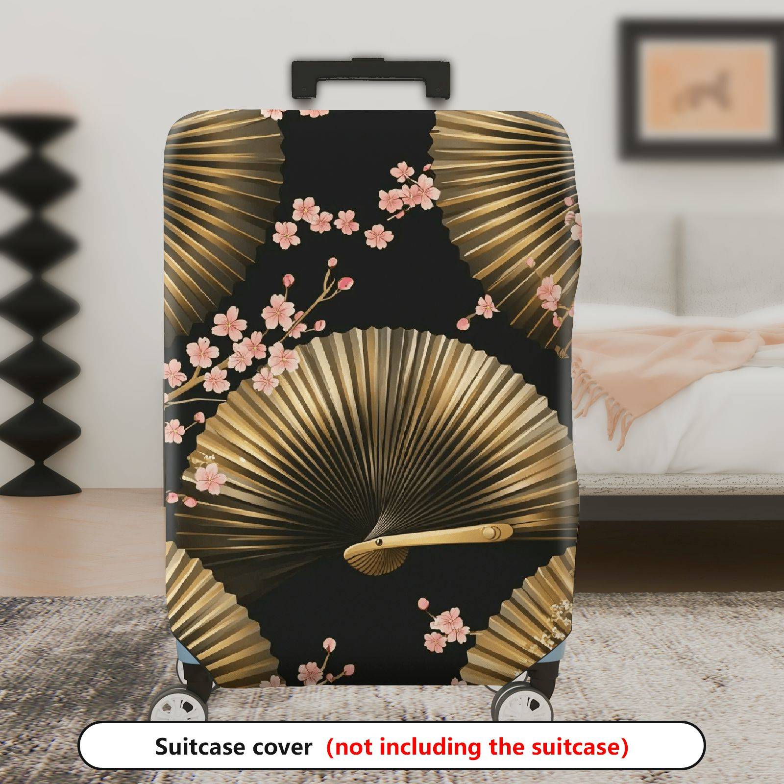 1-Piece Floral Gold Fan Geometric Black Cherry Blossom  Suitcase Luggage Cover, Stretch Protective Sleeve