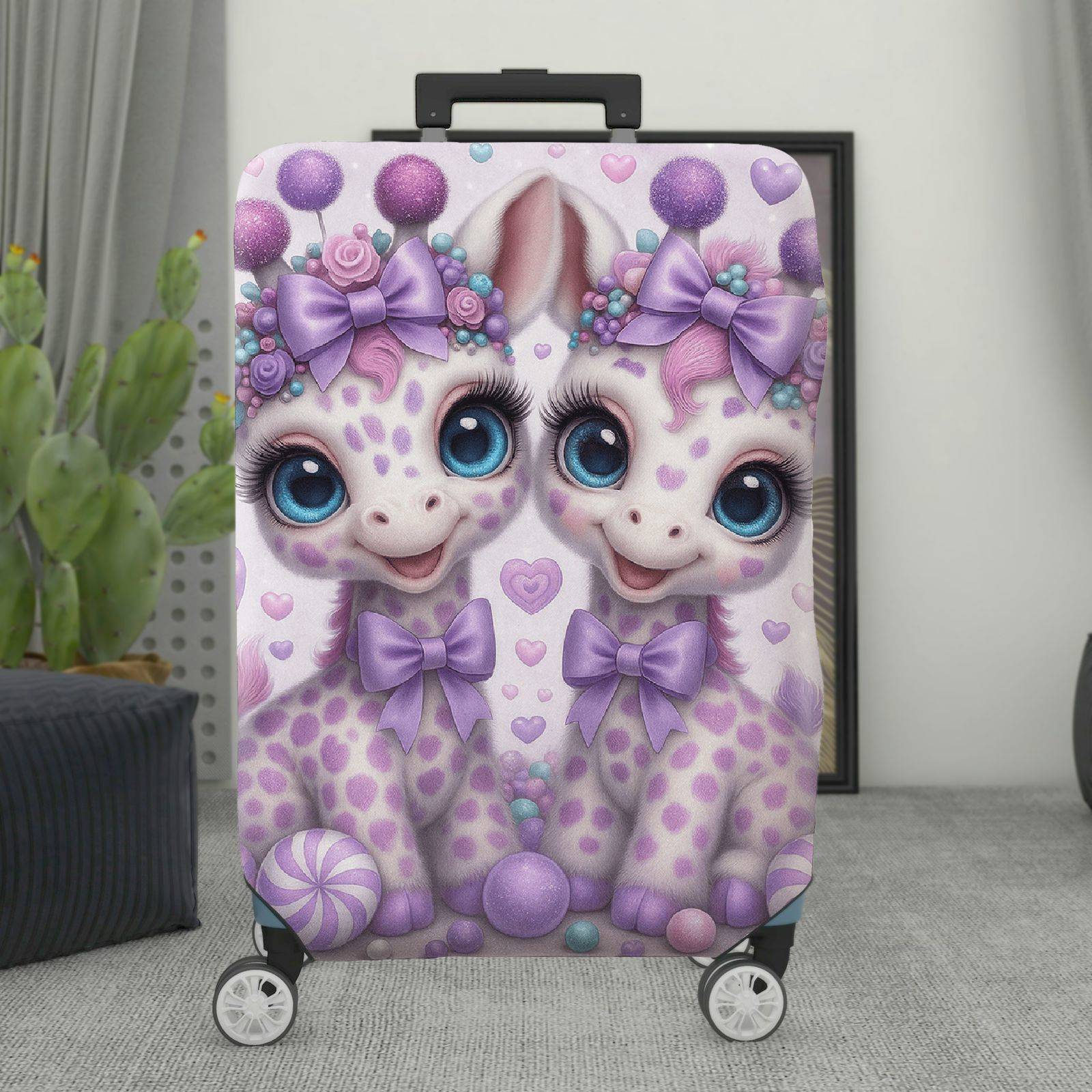1-Piece Cute Giraffe Purple Bow Heart Candy Fantasy Animal  Suitcase Luggage Cover, Stretch Protective Sleeve