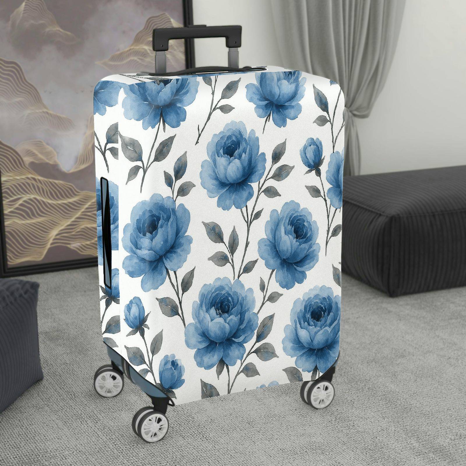 1-Piece Blue Flower Floral Artistic Vibrant Elegant  Suitcase Luggage Cover, Stretch Protective Sleeve