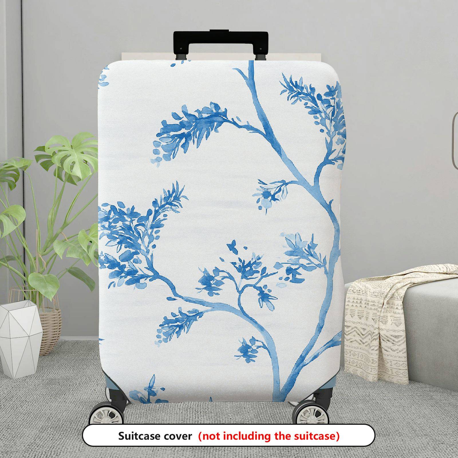 1-Piece White Blue Floral Branch Art Design  Suitcase Luggage Cover, Stretch Protective Sleeve