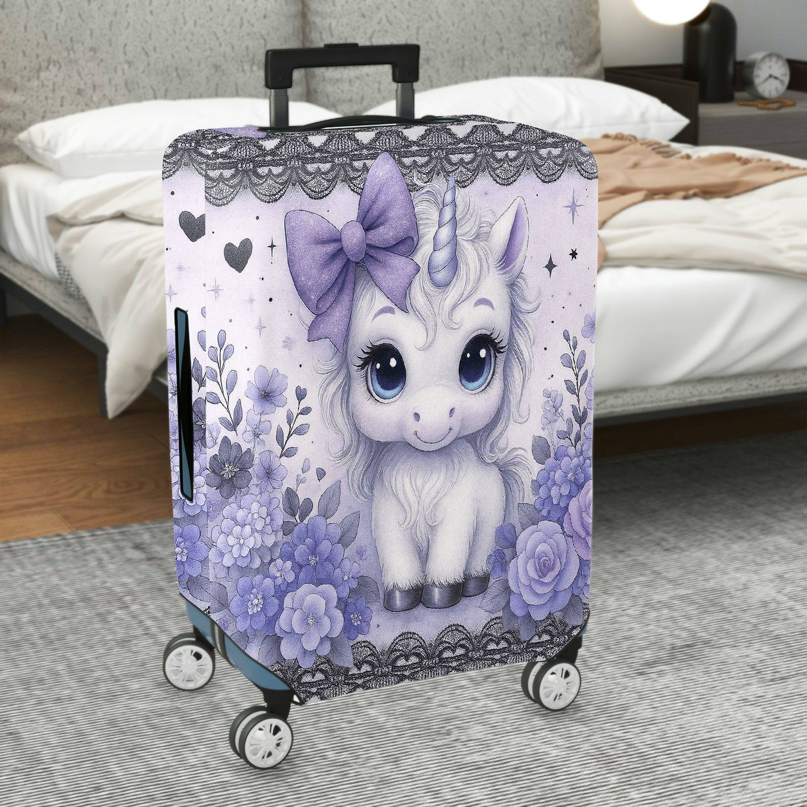 1-Piece Cute Pastel Unicorn Floral Lace Heart  Suitcase Luggage Cover, Stretch Protective Sleeve