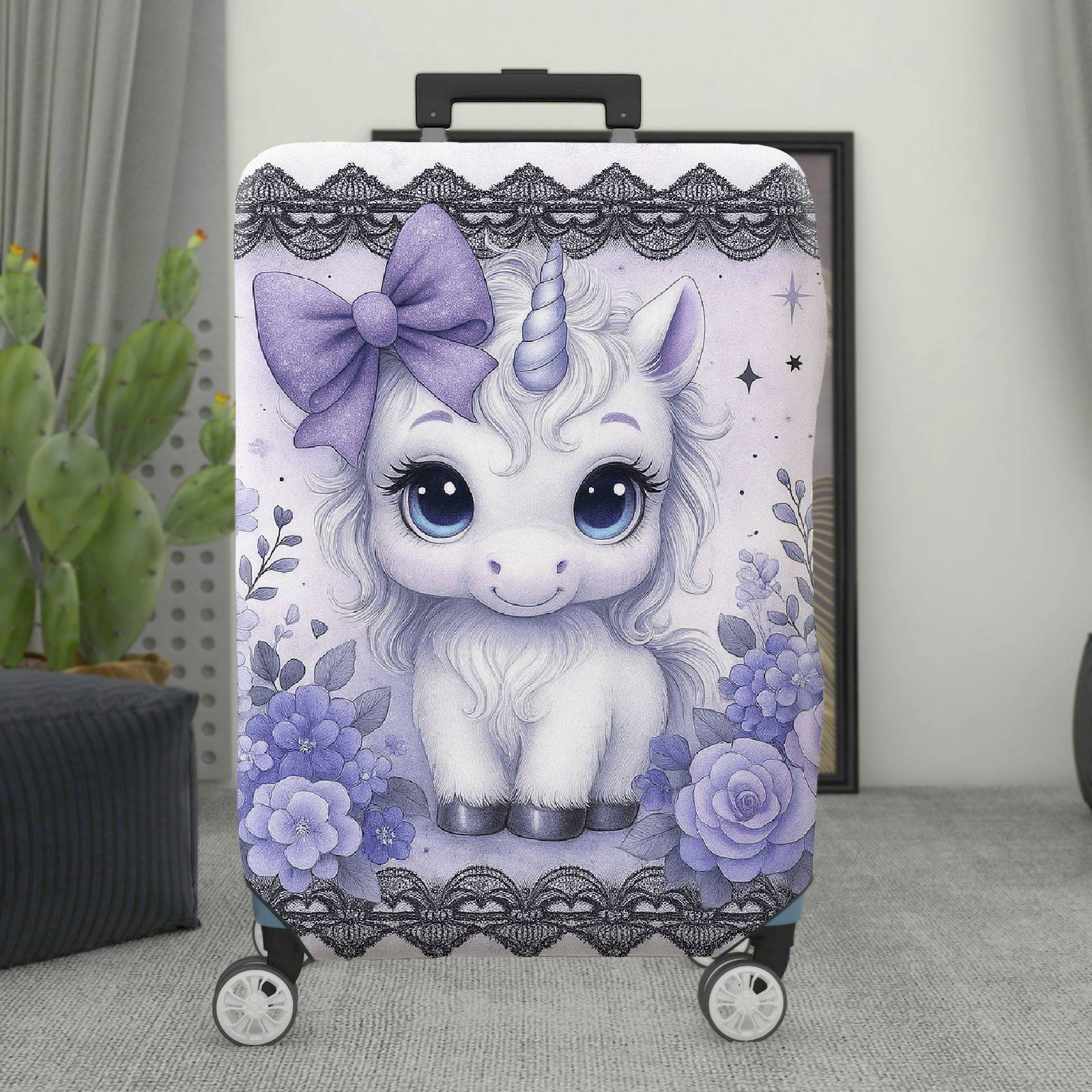 1-Piece Cute Pastel Unicorn Floral Lace Heart  Suitcase Luggage Cover, Stretch Protective Sleeve