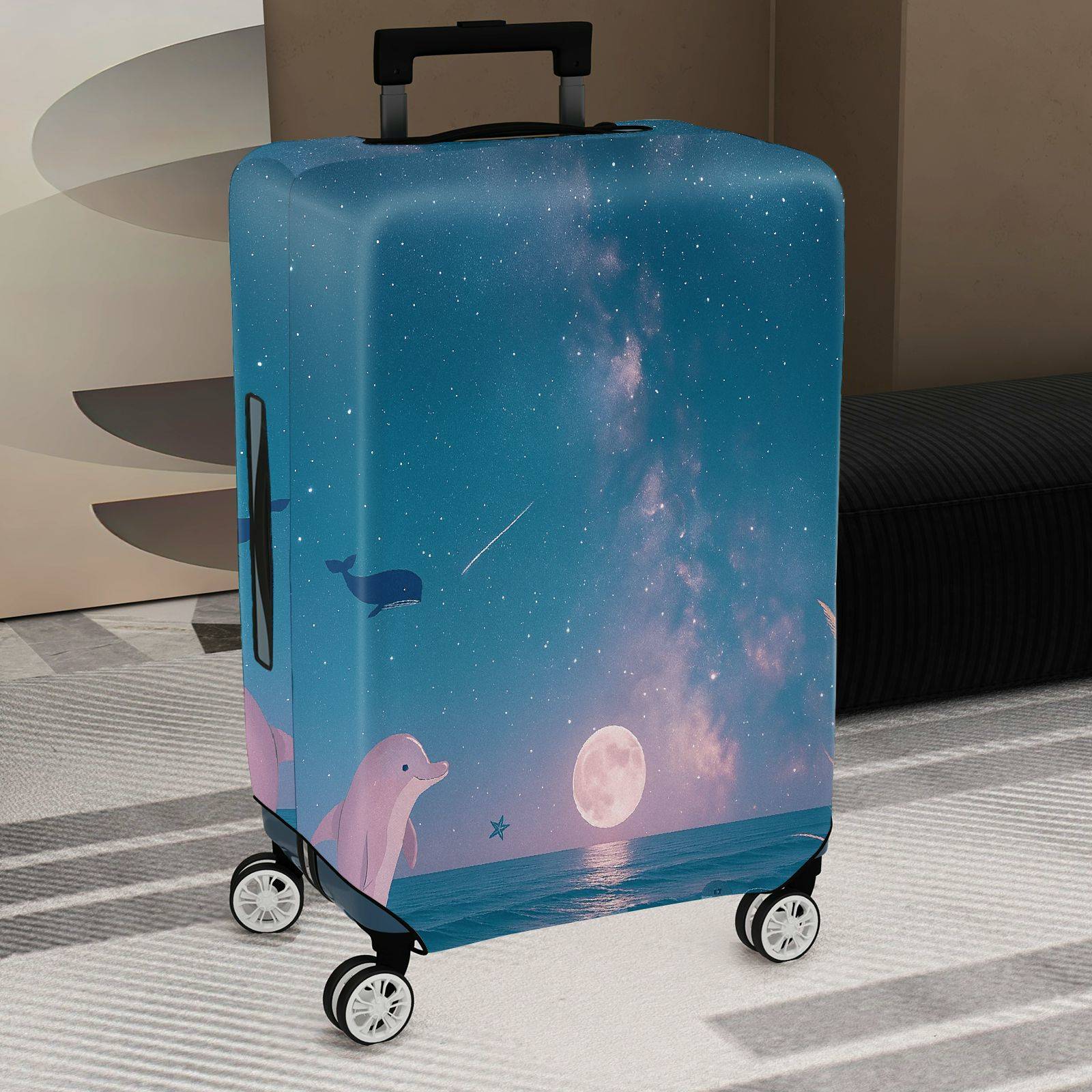 1-Piece Ocean Galaxy Dolphin Moon Night Sky Protector, Nautical theme, Holiday Suitable for  Suitcase Luggage Cover, Stretch Protective Sleeve