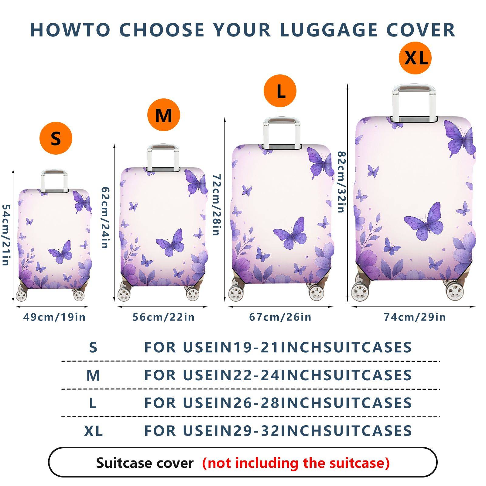1-Piece Purple Butterfly Floral Pastoral Romantic Elegant  Suitcase Luggage Cover, Stretch Protective Sleeve