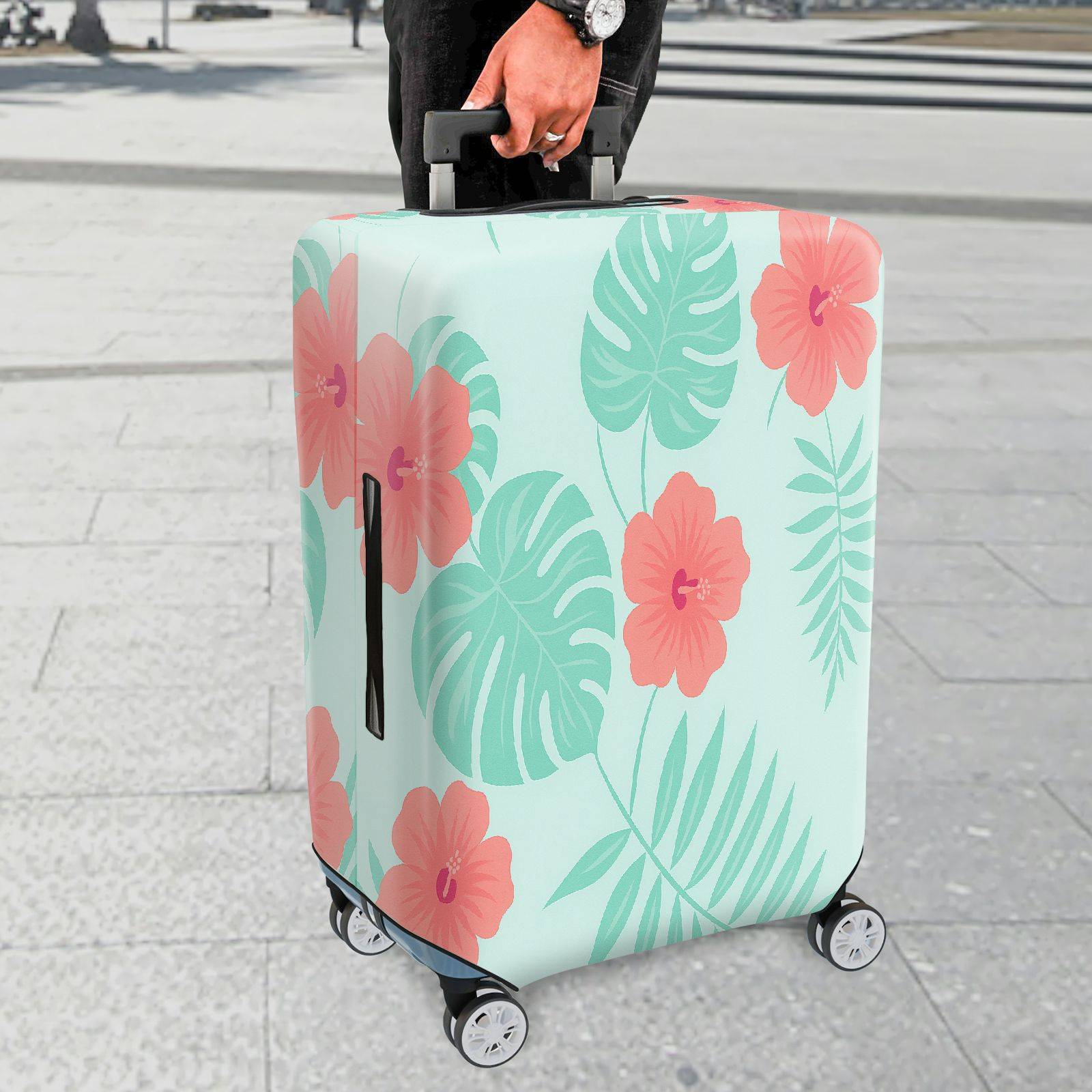 1-Piece Tropical Floral Green Leaves Coral Hibiscus Pattern  Suitcase Luggage Cover, Stretch Protective Sleeve