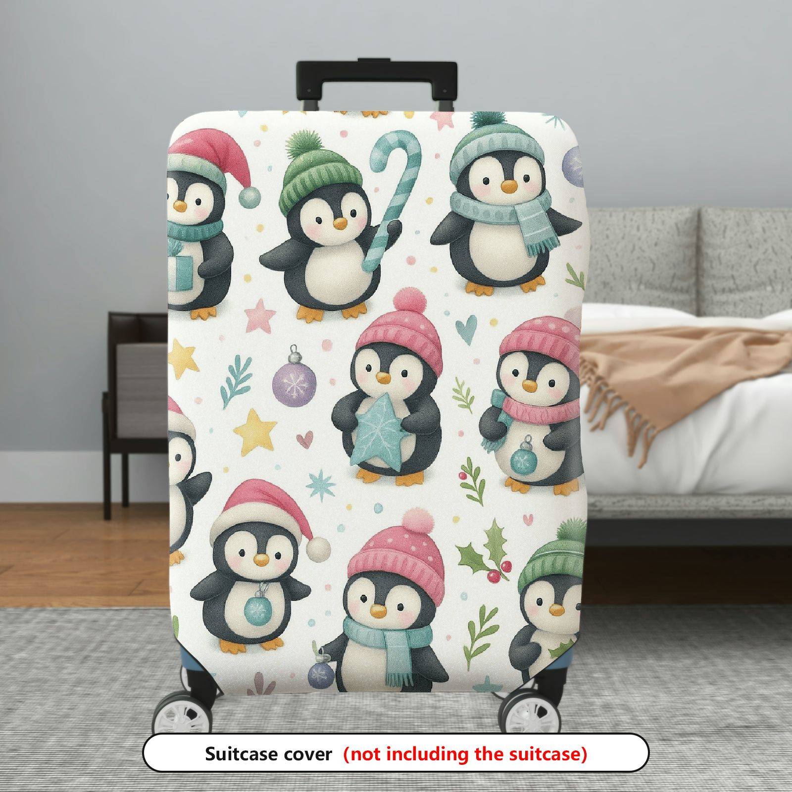 1-Piece Cute Festive Penguin Winter Holiday Christmas  Suitcase Luggage Cover, Stretch Protective Sleeve