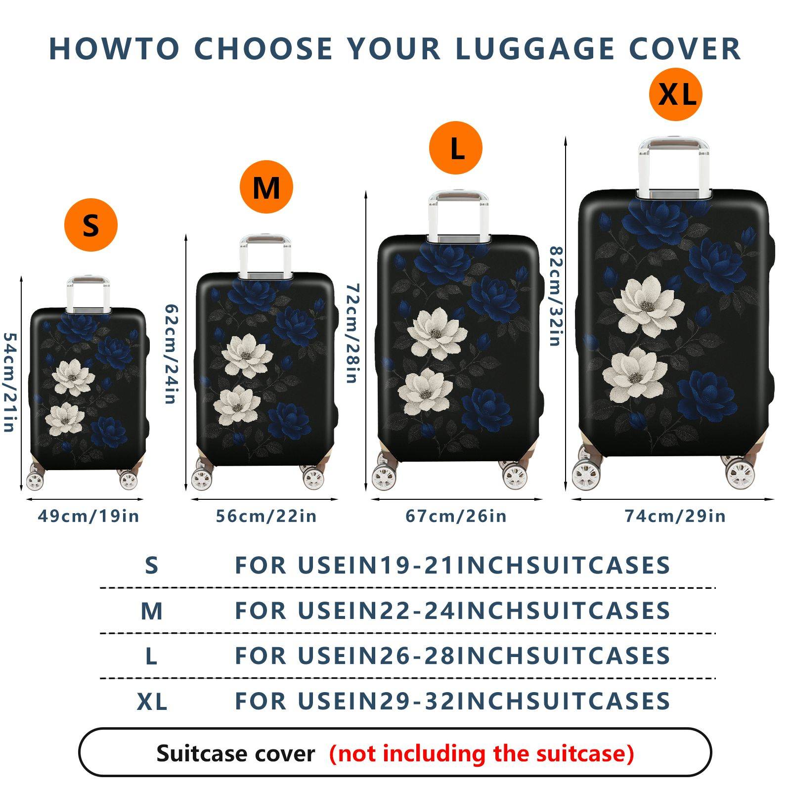 1-Piece Black Floral White Blue Elegant Chic Artistic  Suitcase Luggage Cover, Stretch Protective Sleeve