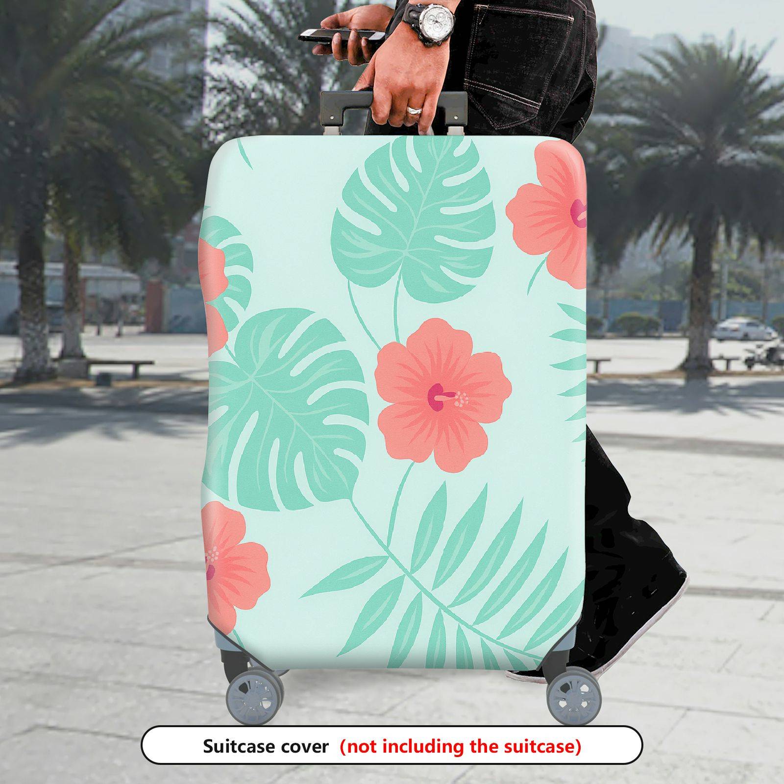 1-Piece Tropical Floral Green Leaves Coral Hibiscus Pattern  Suitcase Luggage Cover, Stretch Protective Sleeve
