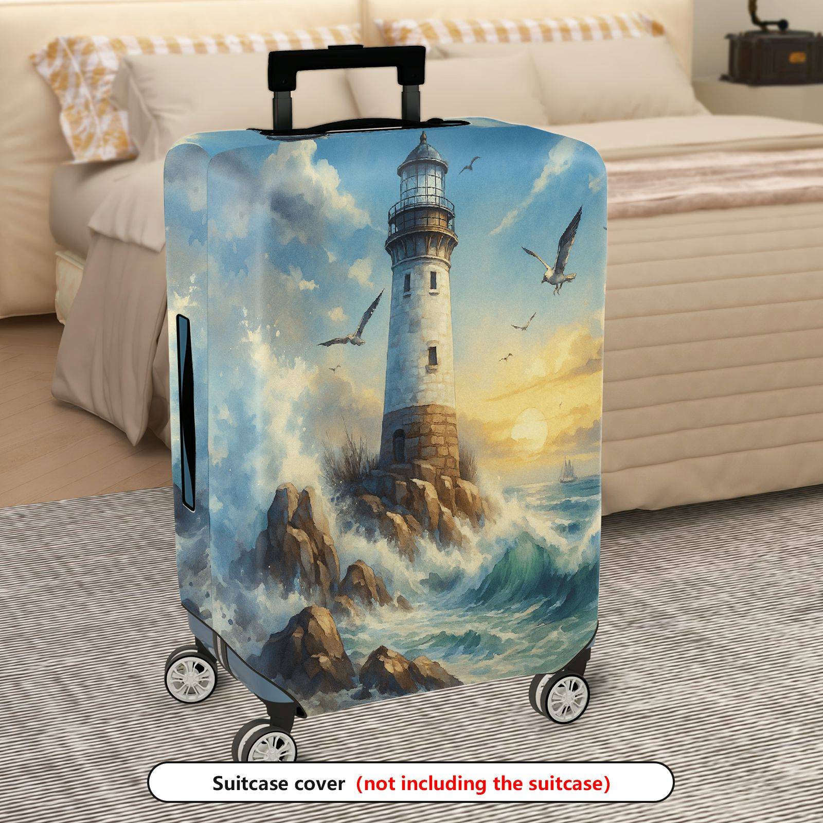 1-Piece Lighthouse Ocean Waves Seagulls Sunset Landscape  Suitcase Luggage Cover, Stretch Protective Sleeve