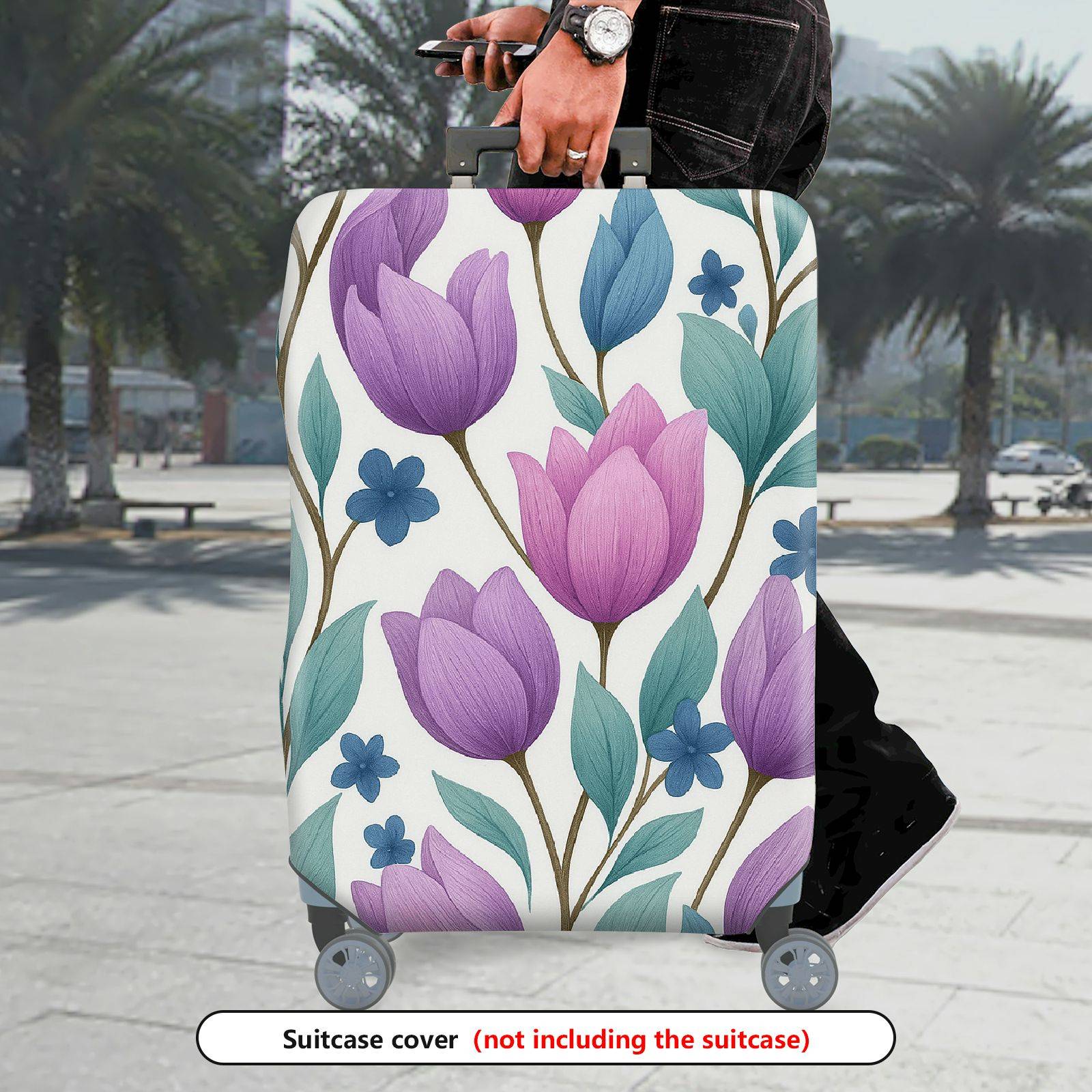 1-Piece Purple Floral Pattern Tulip Leaf Blue Blossom  Suitcase Luggage Cover, Stretch Protective Sleeve