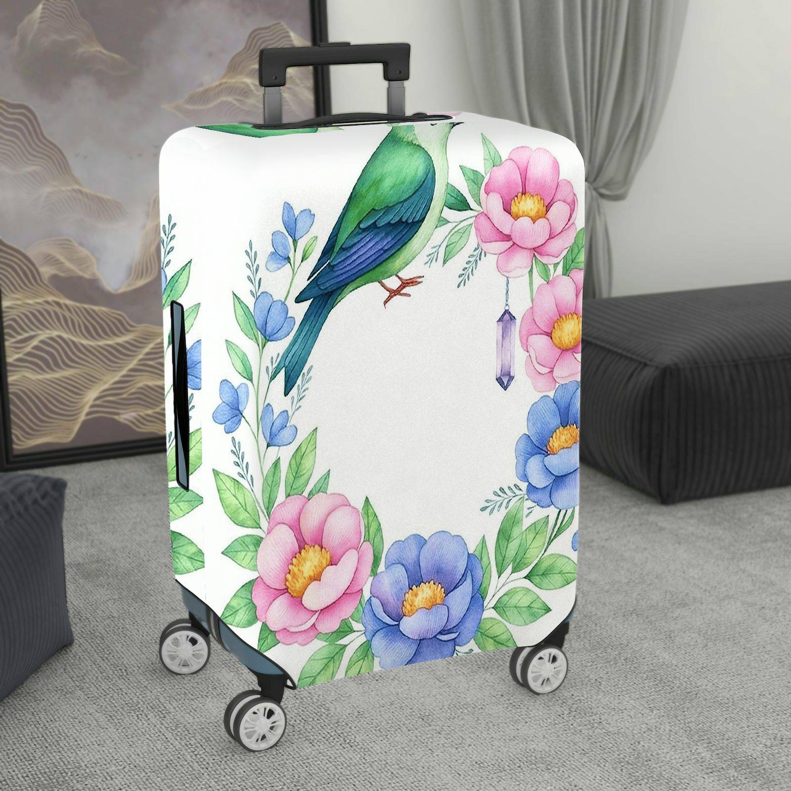 1-Piece Floral Bird Botanical Nature Art Pastel  Suitcase Luggage Cover, Stretch Protective Sleeve