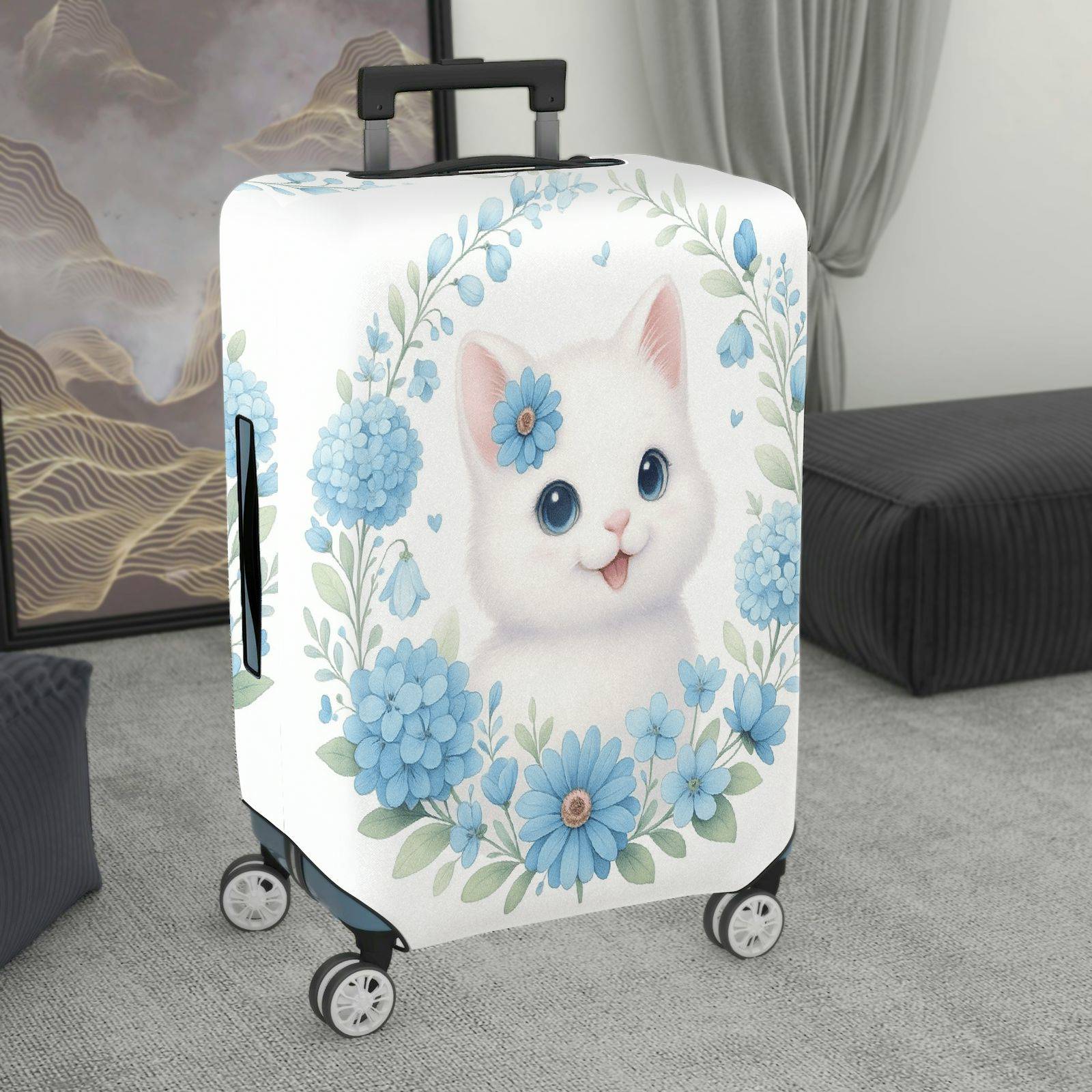 1-Piece Floral Cat Design Blooming Blue Daisy Leaves Nature  Suitcase Luggage Cover, Stretch Protective Sleeve