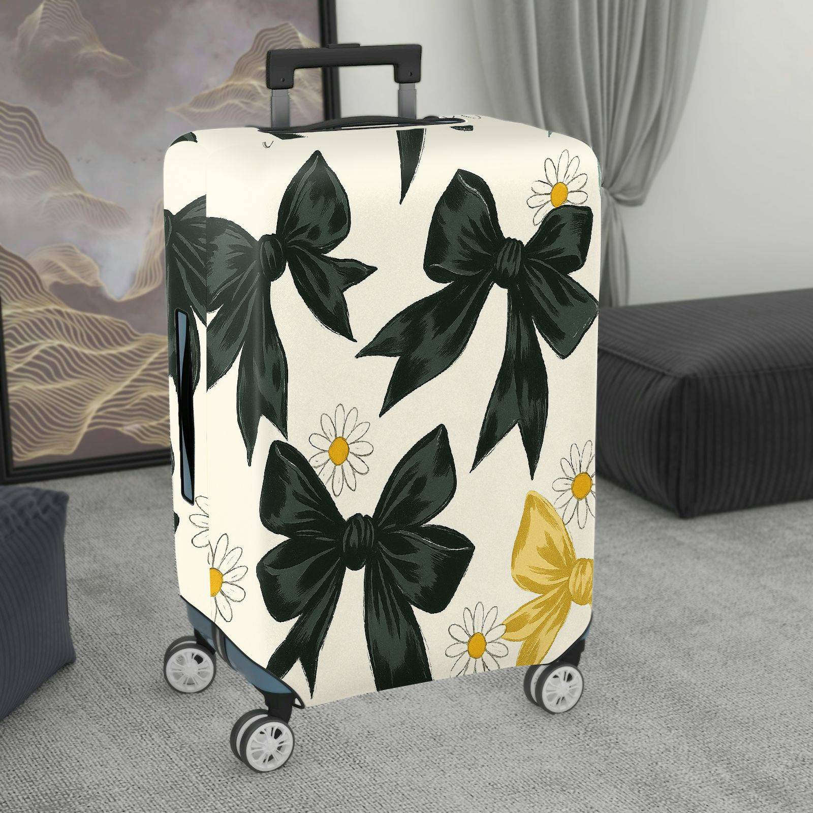 1-Piece Elegant Black Bow Daisy Floral Leaf  Suitcase Luggage Cover, Stretch Protective Sleeve