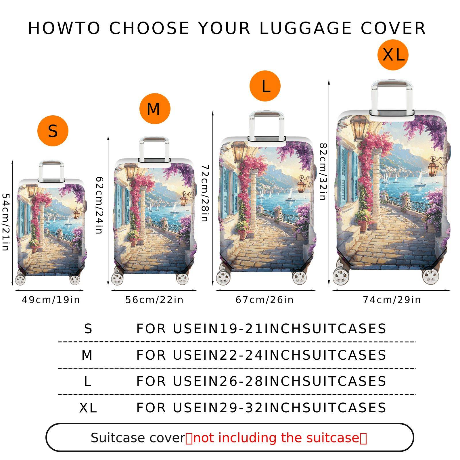 1-Piece Mediterranean Coastal Floral Landscape Sailboats Lantern  Suitcase Luggage Cover, Stretch Protective Sleeve