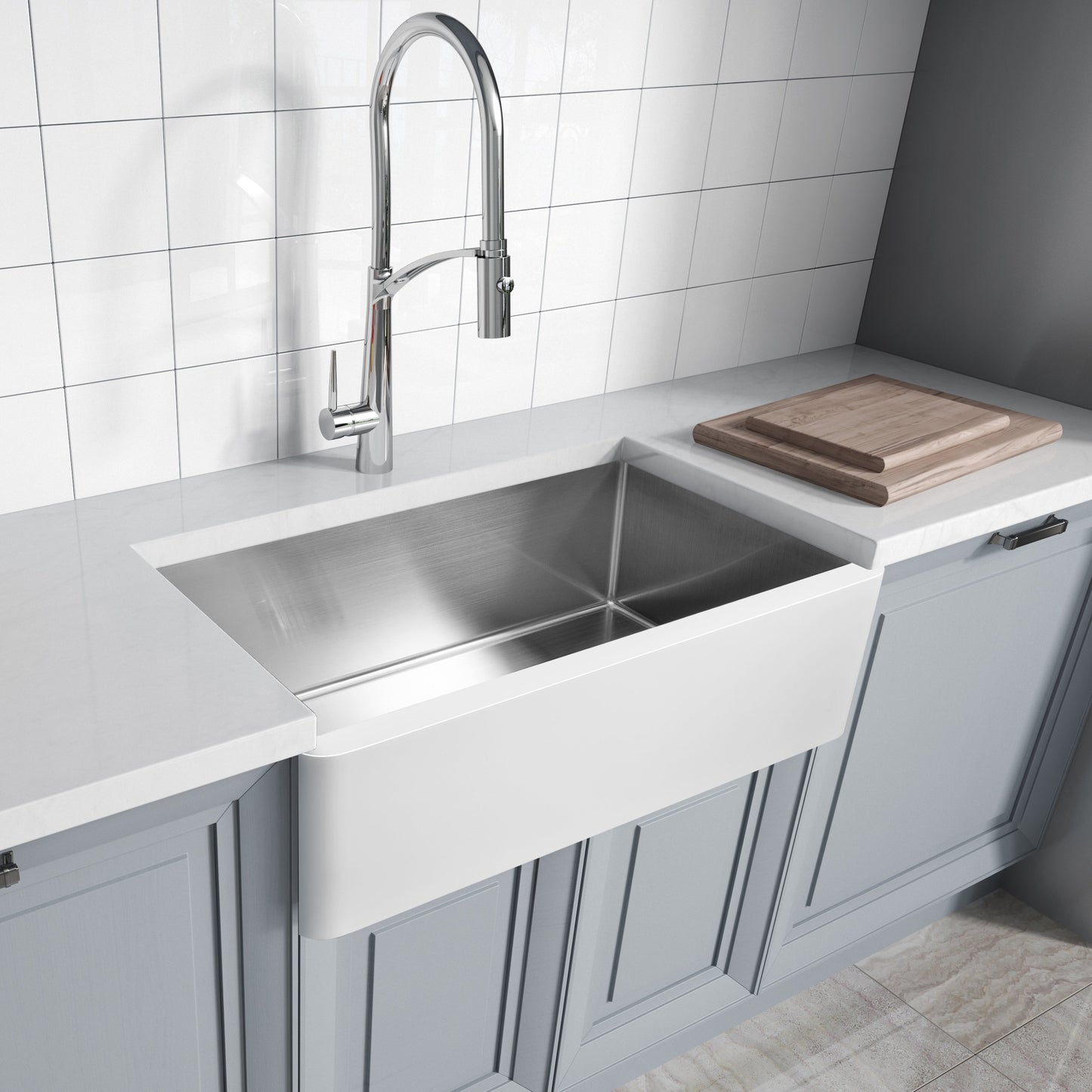ANZZI Apollo Matte White Solid Surface Farmhouse 36 in. Single Bowl Kitchen Sink with Stainless Steel Interior