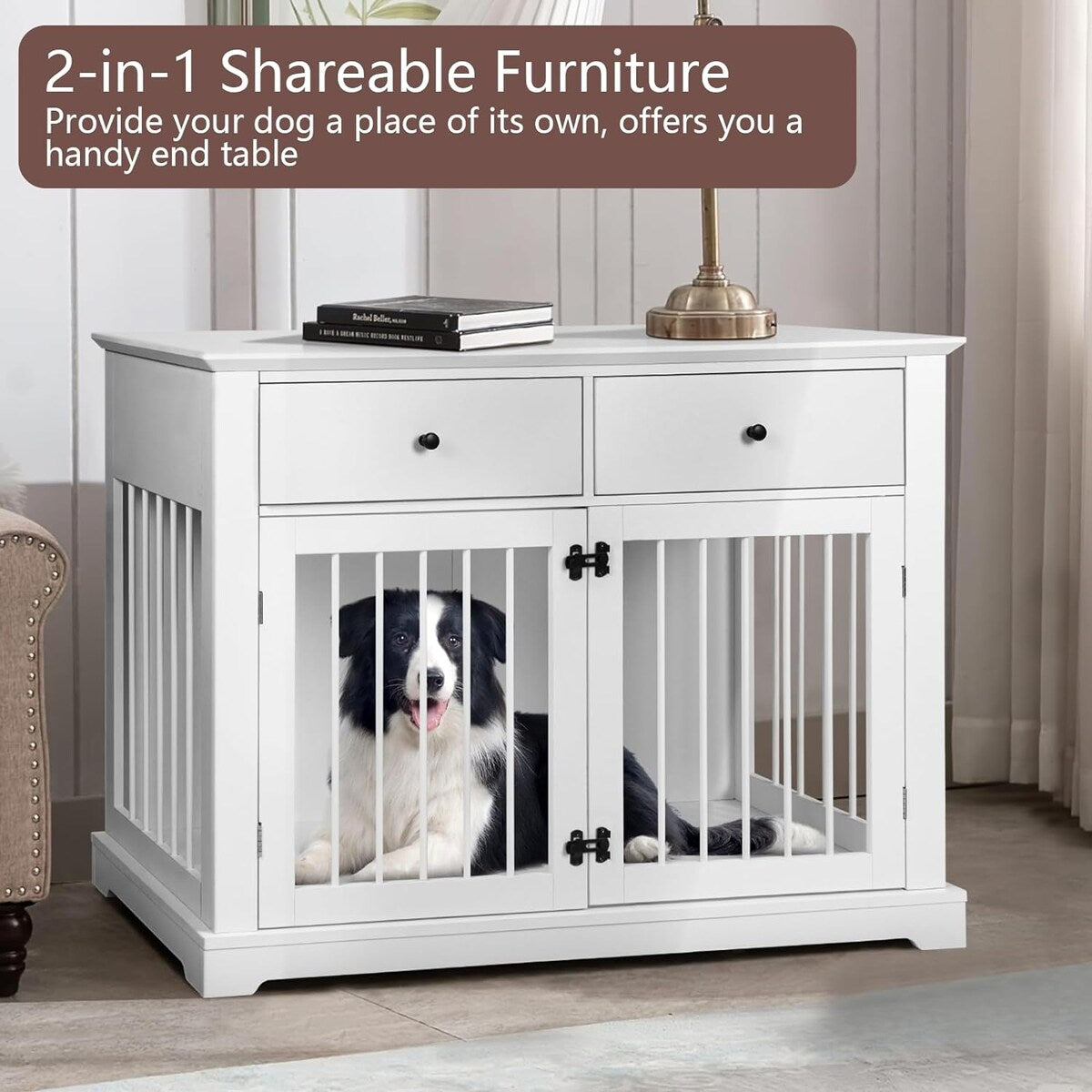 BOSSIN 44 Inch Large Dog Crate Furniture, Wooden Dog Kennel End Table with Storage Drawers, Decorative Pet Crates Dog House