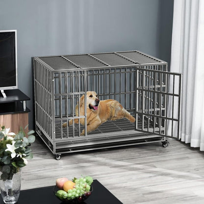 BOSSIN 48/38 inch Heavy Duty Indestructible Dog Crate, Escape Proof Dog Cage Kennel with Lockable Wheels