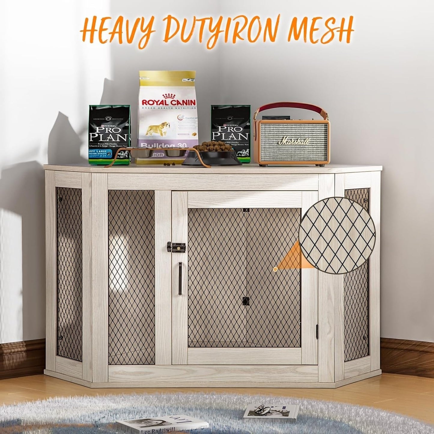 BOSSIN Corner Dog Crate Furniture,44/52 inch Wooden Dog Kennel Furniture with Mesh,Decorative Wood Dog House for Indoor use