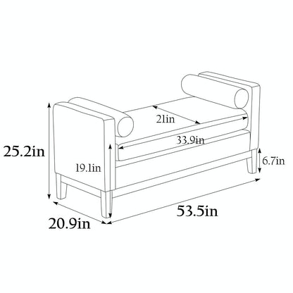 Elegant 53.5 Upholstered Ottoman Bench with Wood Legs & Bolster Pillows