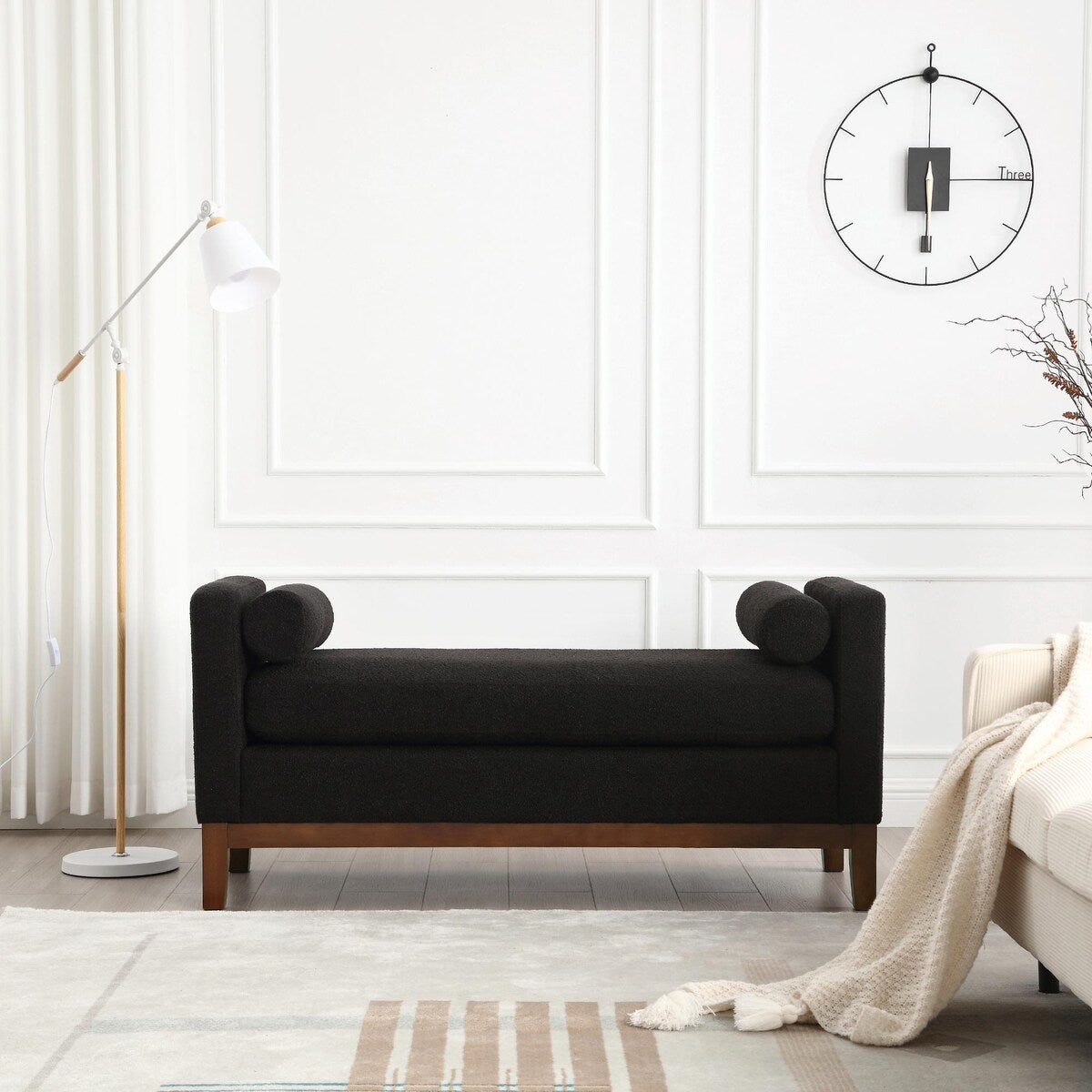 Elegant 53.5 Upholstered Ottoman Bench with Wood Legs & Bolster Pillows
