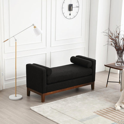 Elegant 53.5 Upholstered Ottoman Bench with Wood Legs & Bolster Pillows