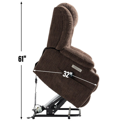 Grey Chenille Power Lift Recliner with Massage, Lumbar Heating, USB & Type-C Ports, and Stainless Steel Drink Holders