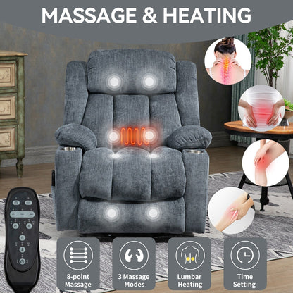 Grey Chenille Power Lift Recliner with Massage, Lumbar Heating, USB & Type-C Ports, and Stainless Steel Drink Holders