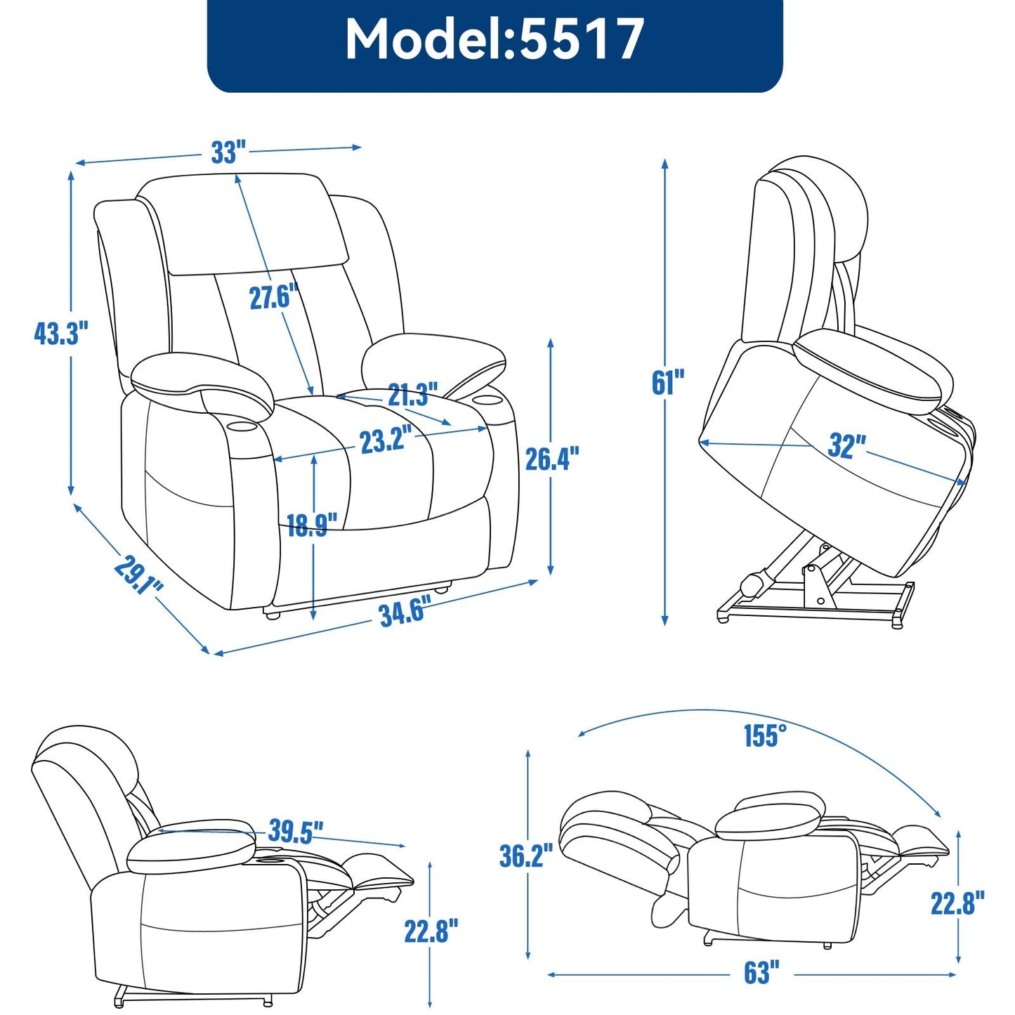 Grey Chenille Power Lift Recliner with Massage, Lumbar Heating, USB & Type-C Ports, and Stainless Steel Drink Holders