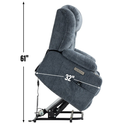 Grey Chenille Power Lift Recliner with Massage, Lumbar Heating, USB & Type-C Ports, and Stainless Steel Drink Holders