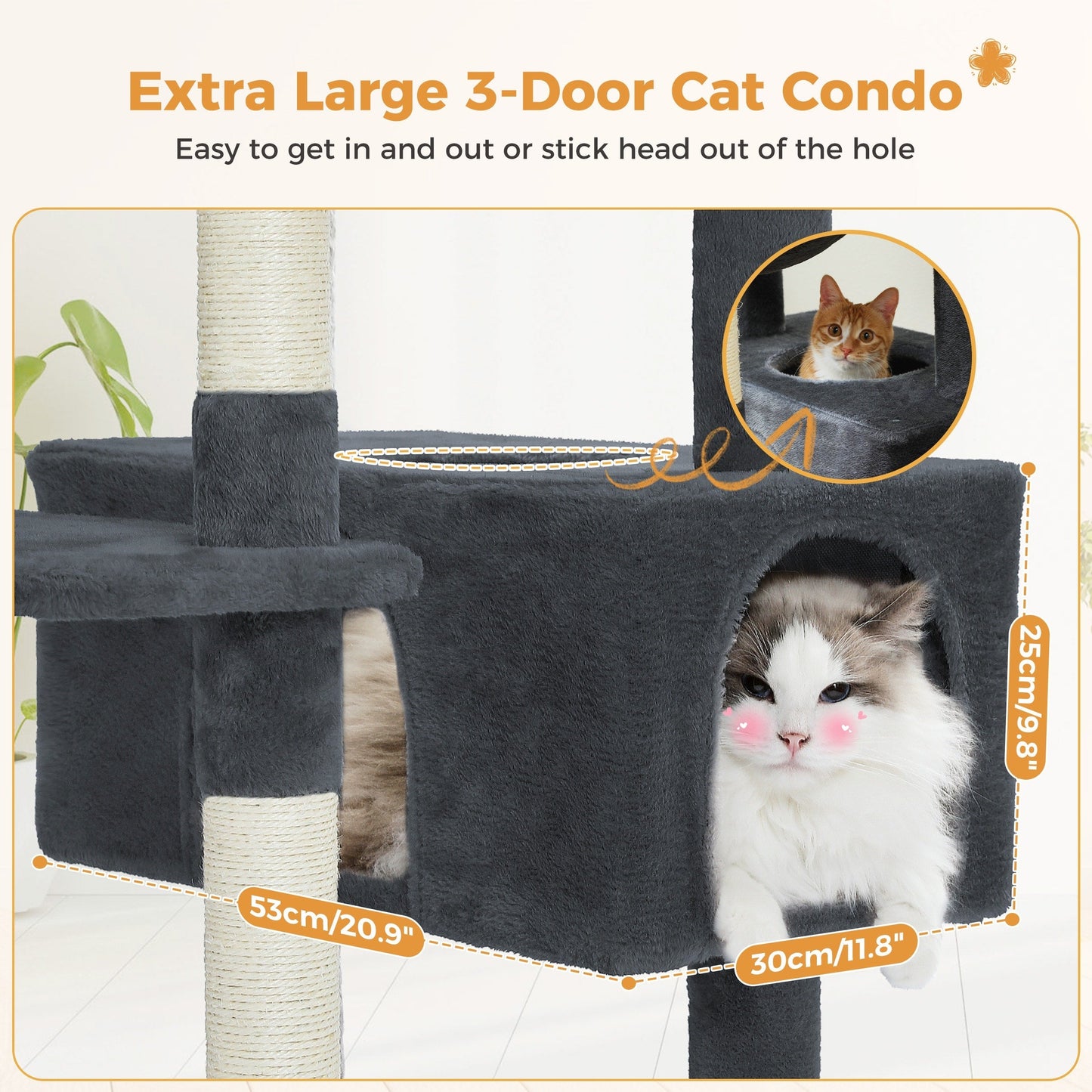 Large Cat Tower Cat Condo with Scratching Posts and Pads, 2 Padded Perch, Dual Condo and Basket