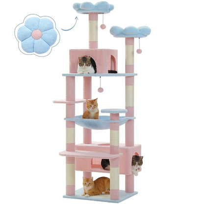 Large Cat Tower Cat Condo with Scratching Posts and Pads, 2 Padded Perch, Dual Condo and Basket