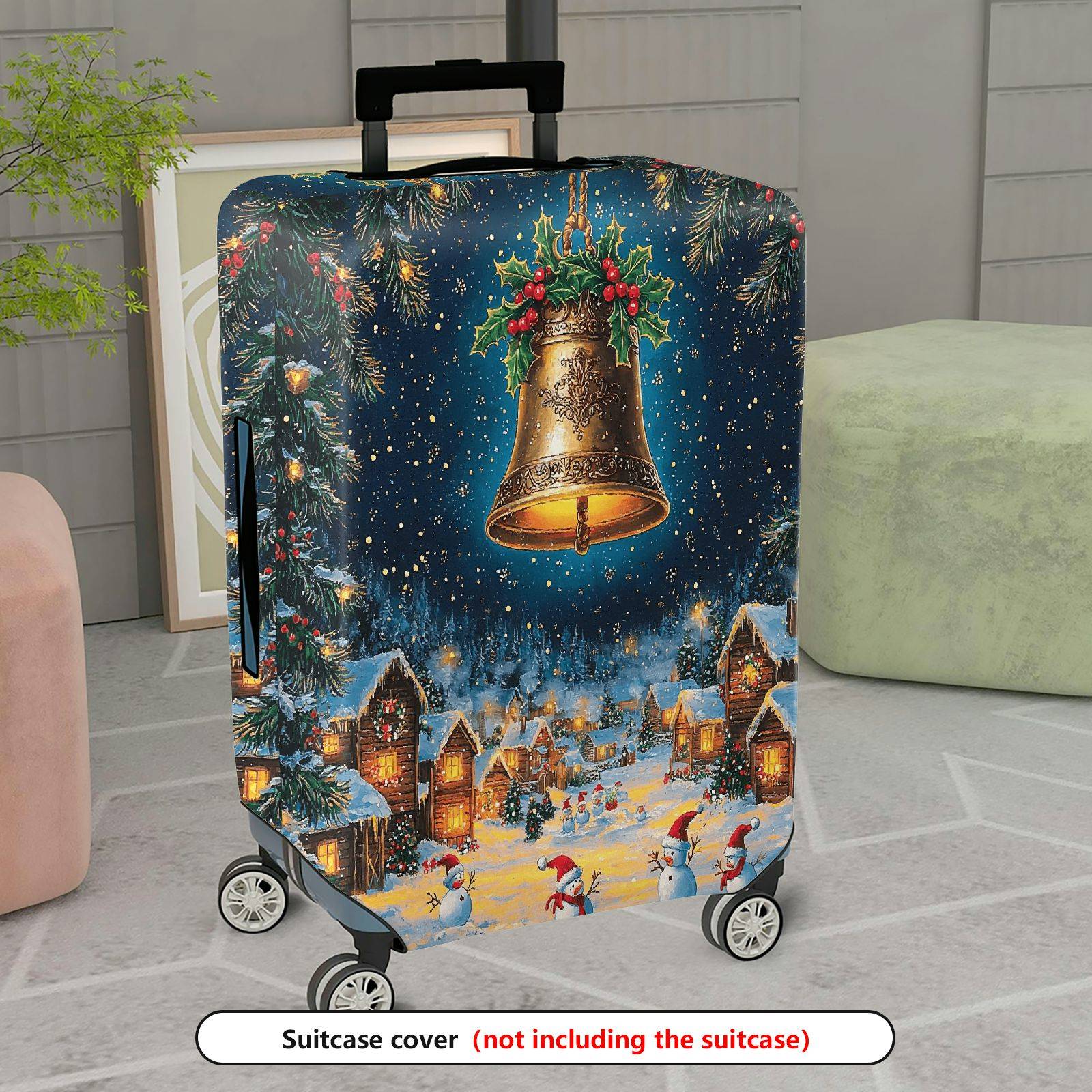 1-Piece Christmas Winter Holiday Bell Snow Village Snowman  Suitcase Luggage Cover, Stretch Protective Sleeve
