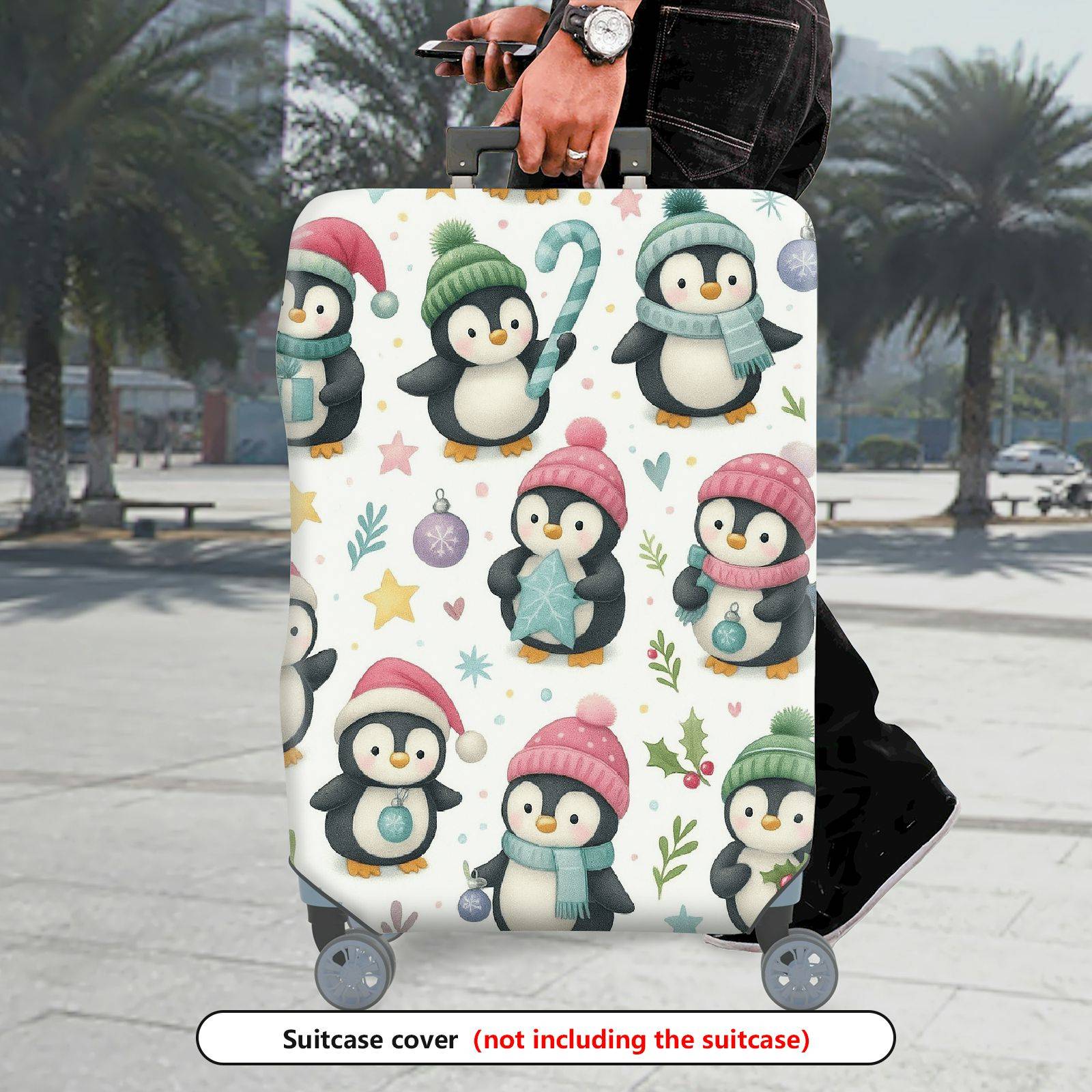 1-Piece Cute Festive Penguin Winter Holiday Christmas  Suitcase Luggage Cover, Stretch Protective Sleeve