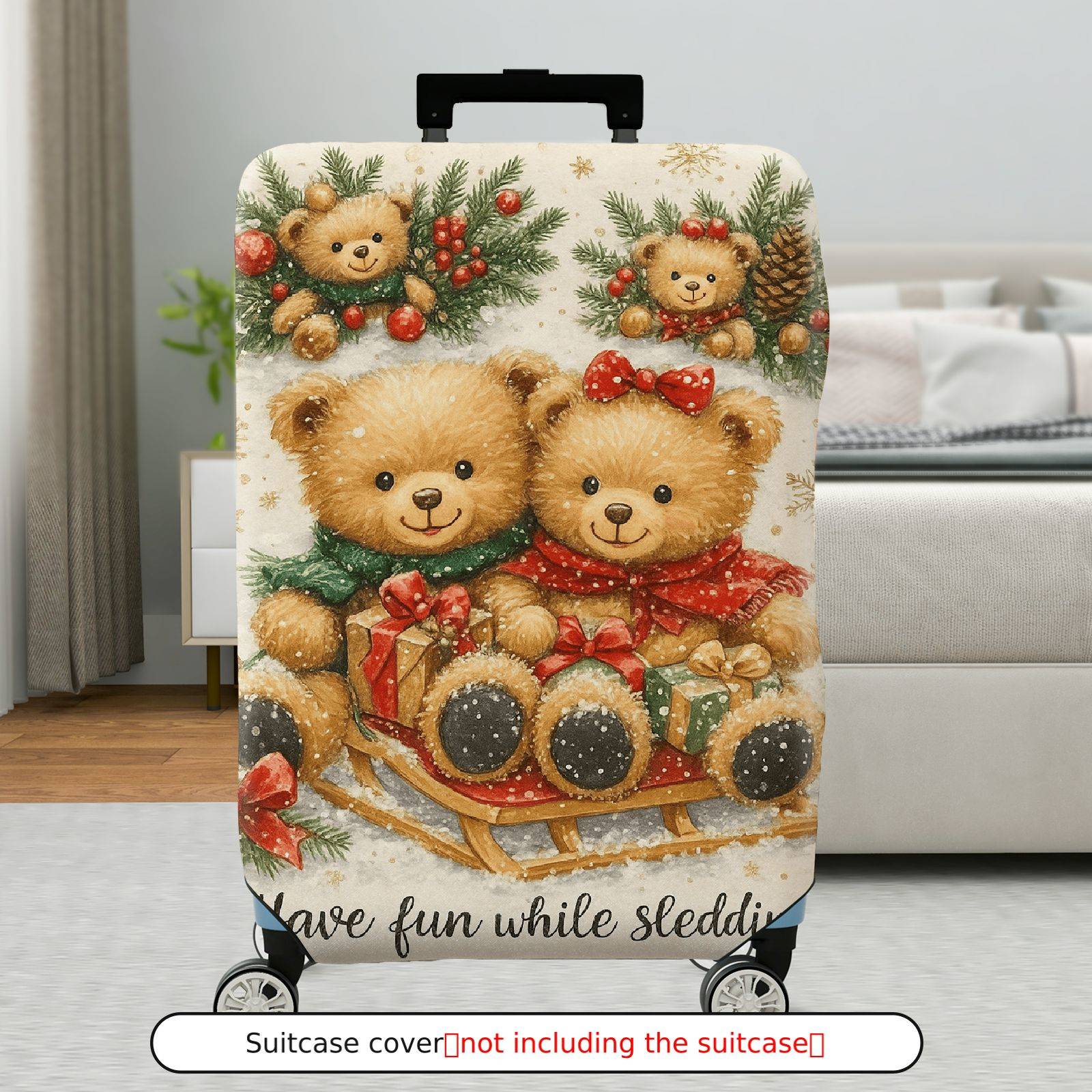 1-Piece Christmas Teddy Bear Snow Winter Holiday  Suitcase Luggage Cover, Stretch Protective Sleeve