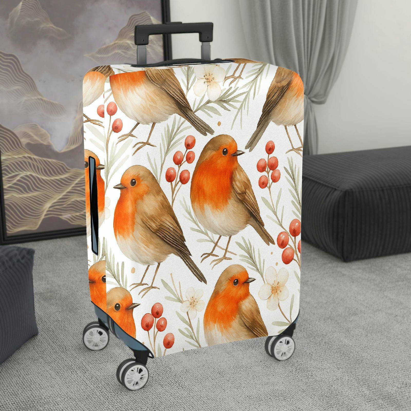1-Piece Robin Bird Floral Berry Nature Christmas  Suitcase Luggage Cover, Stretch Protective Sleeve