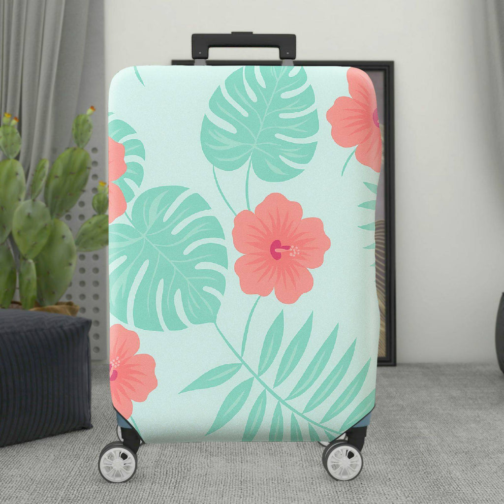 1-Piece Tropical Floral Green Leaves Coral Hibiscus Pattern  Suitcase Luggage Cover, Stretch Protective Sleeve