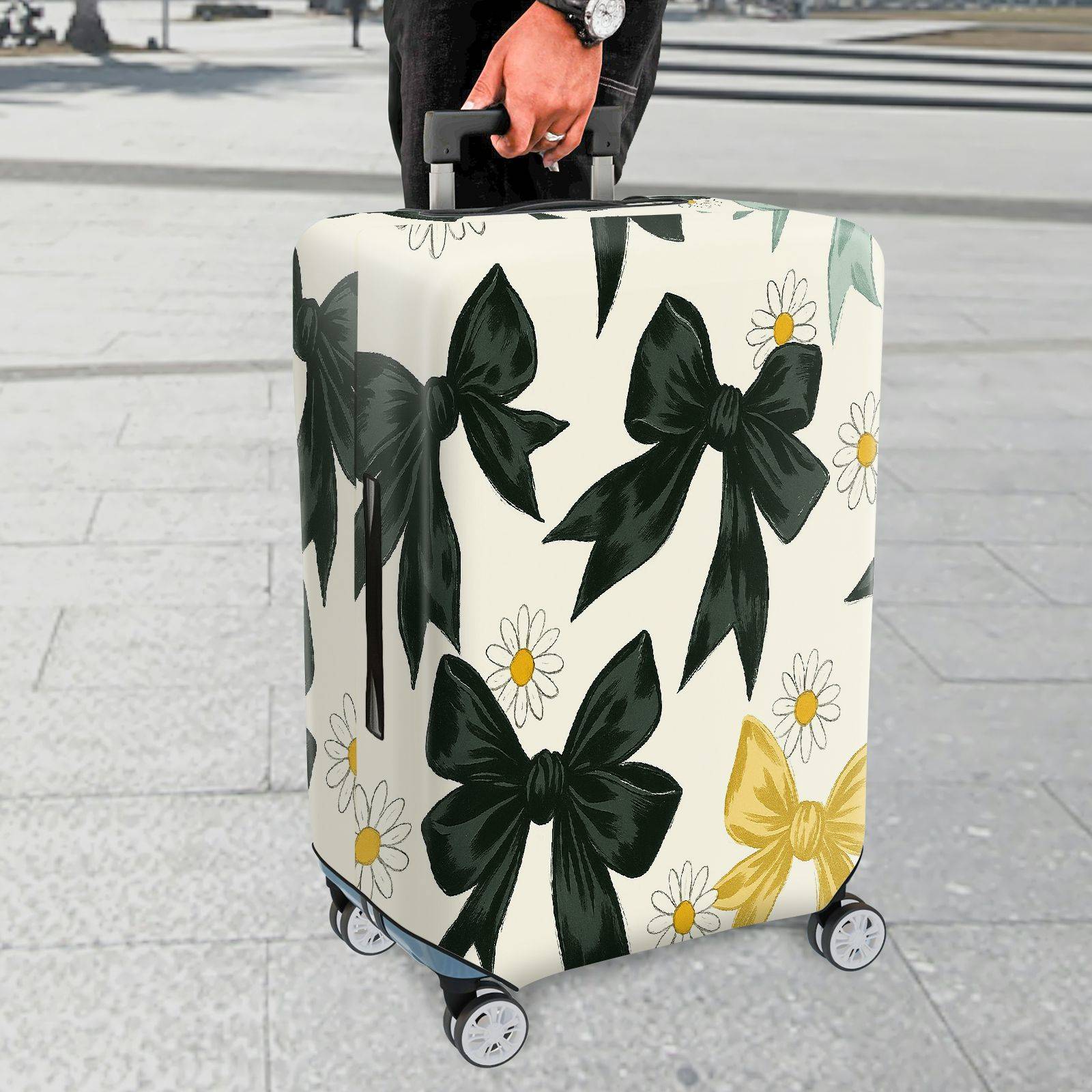 1-Piece Elegant Black Bow Daisy Floral Leaf  Suitcase Luggage Cover, Stretch Protective Sleeve