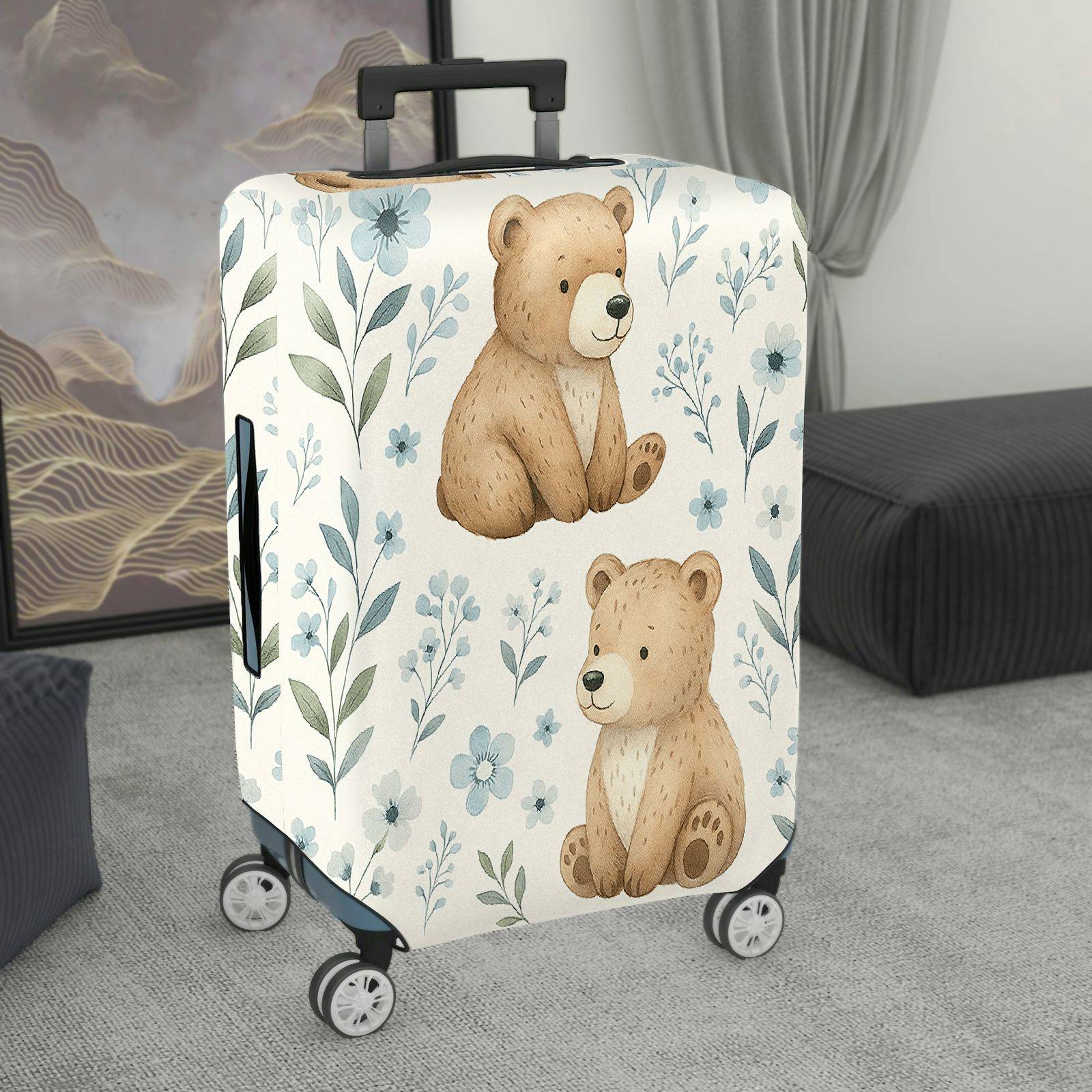 1-Piece Cute Bear Floral Nature Artistic Animal  Suitcase Luggage Cover, Stretch Protective Sleeve